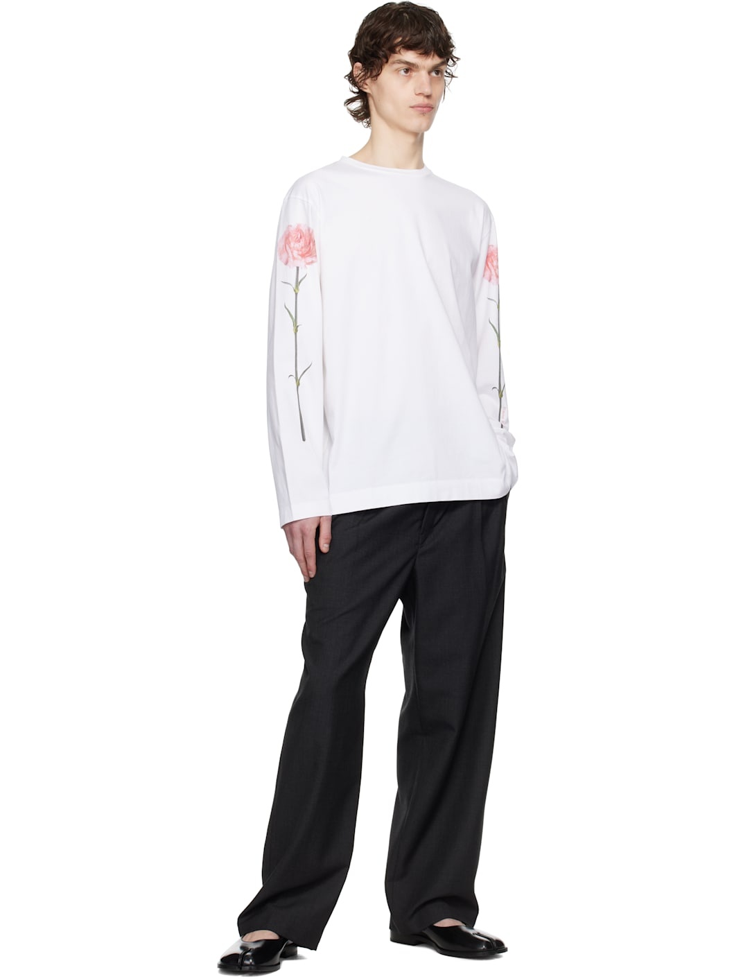 White Carnation Print Long Sleeve T-shirt - 4