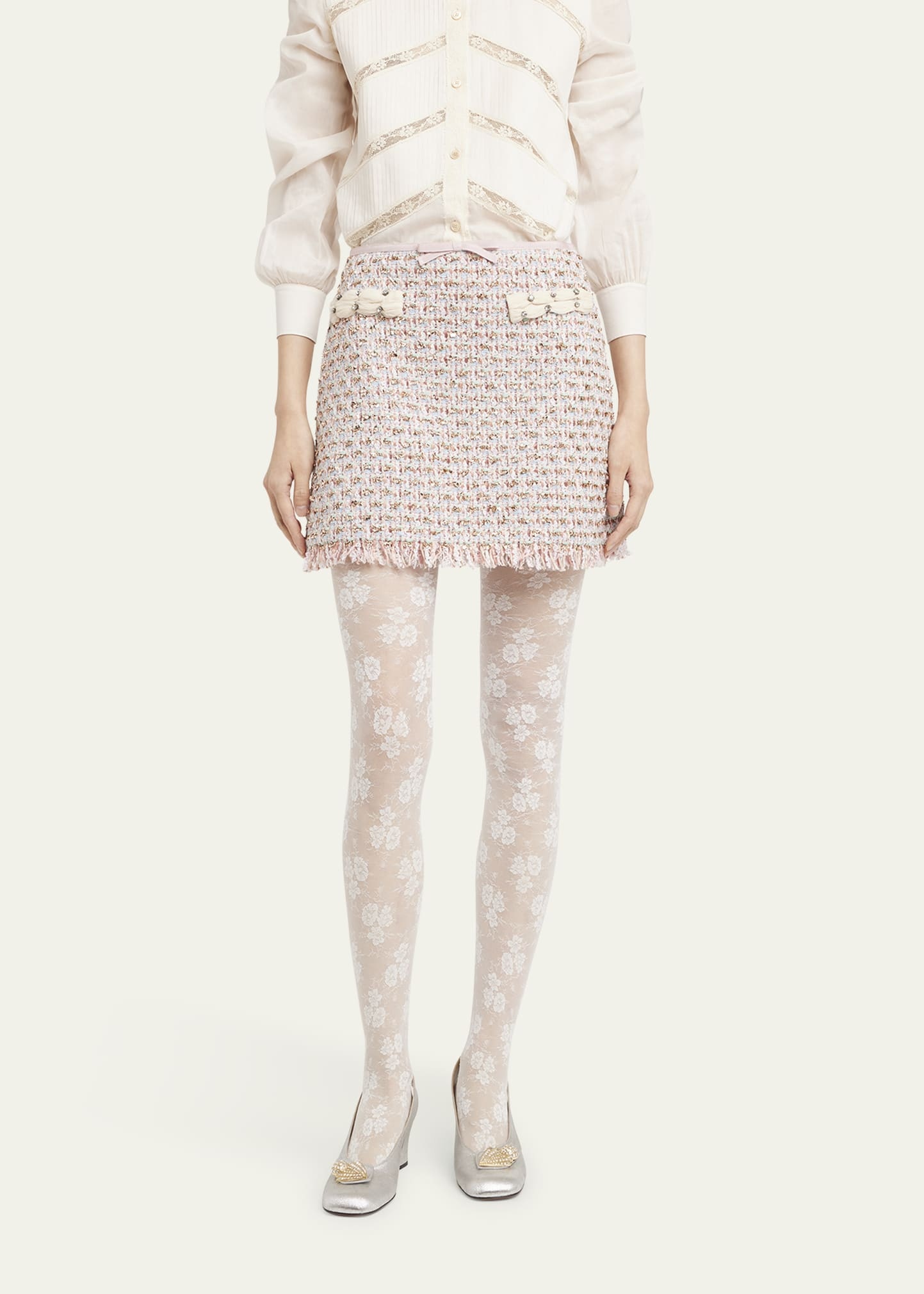 Fringed Ribbon-Trim Tweed Mini Skirt - 4
