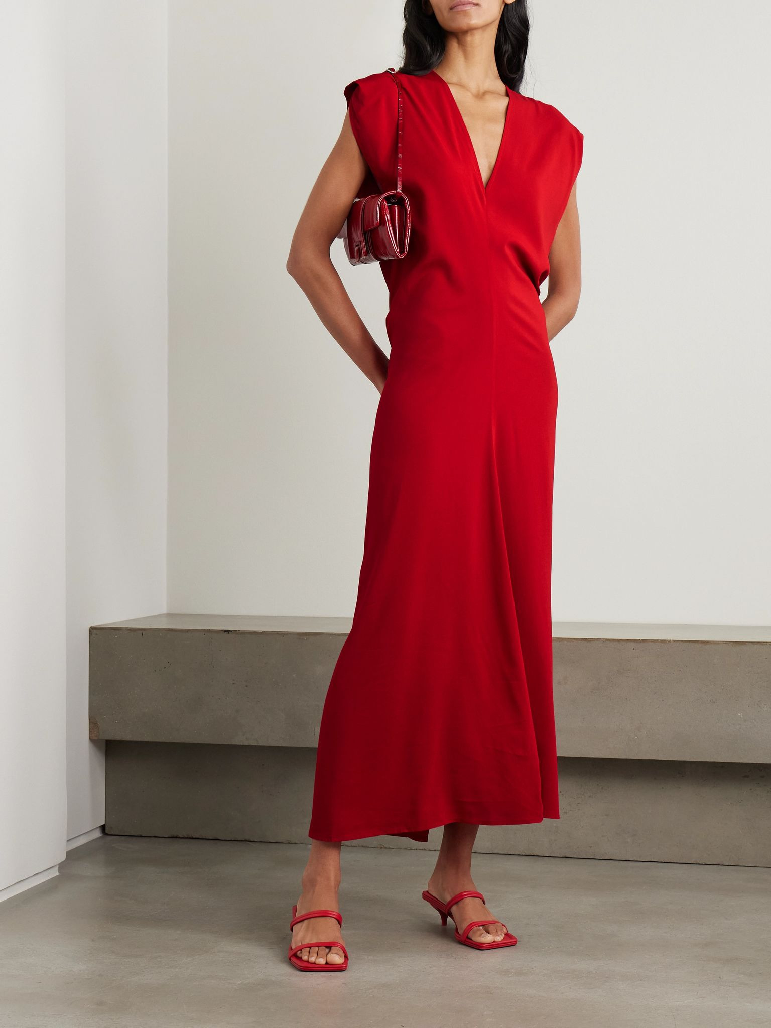 Plunge draped crepe maxi dress Red - 2