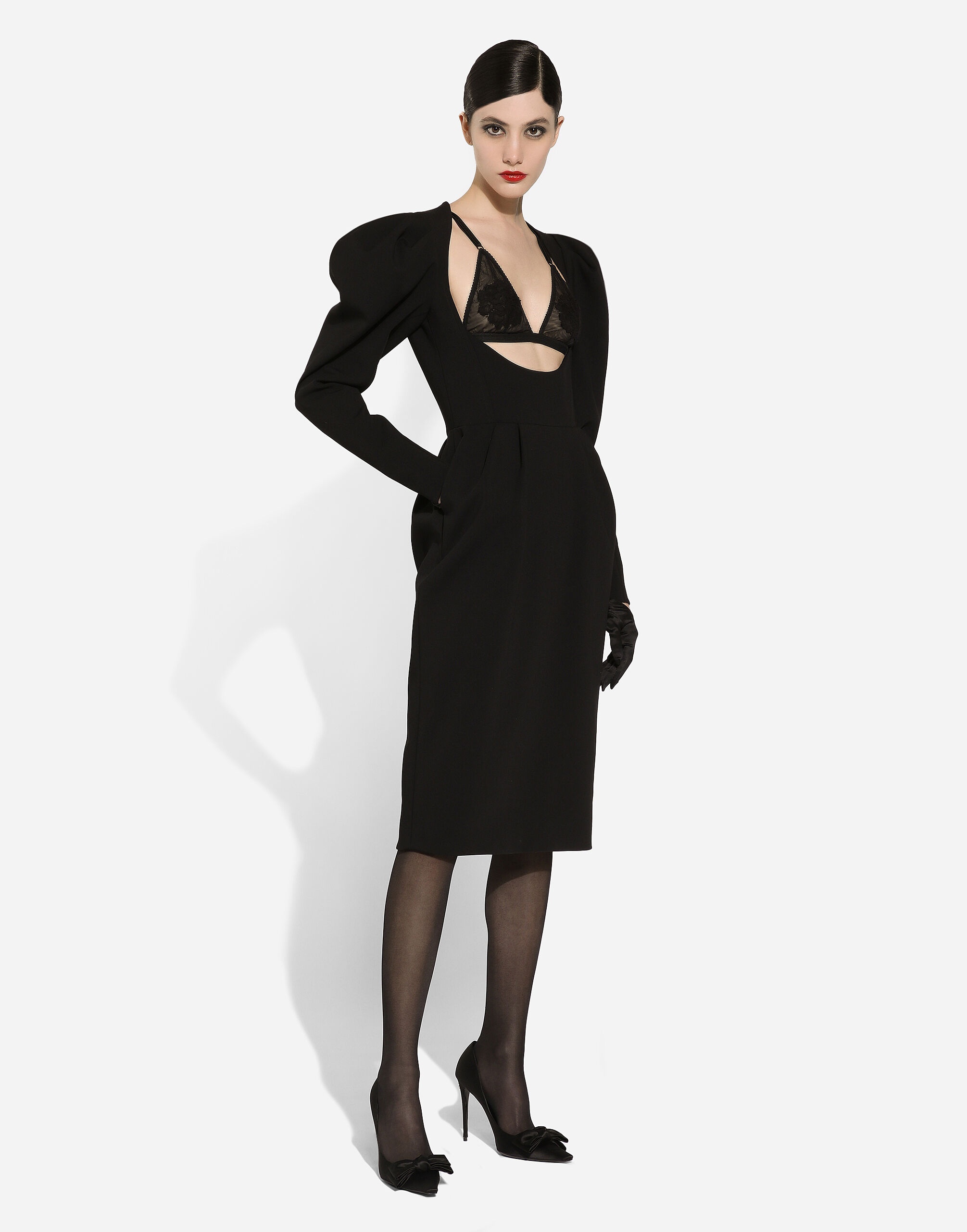 Calf-length wool dress with open neckline - 6