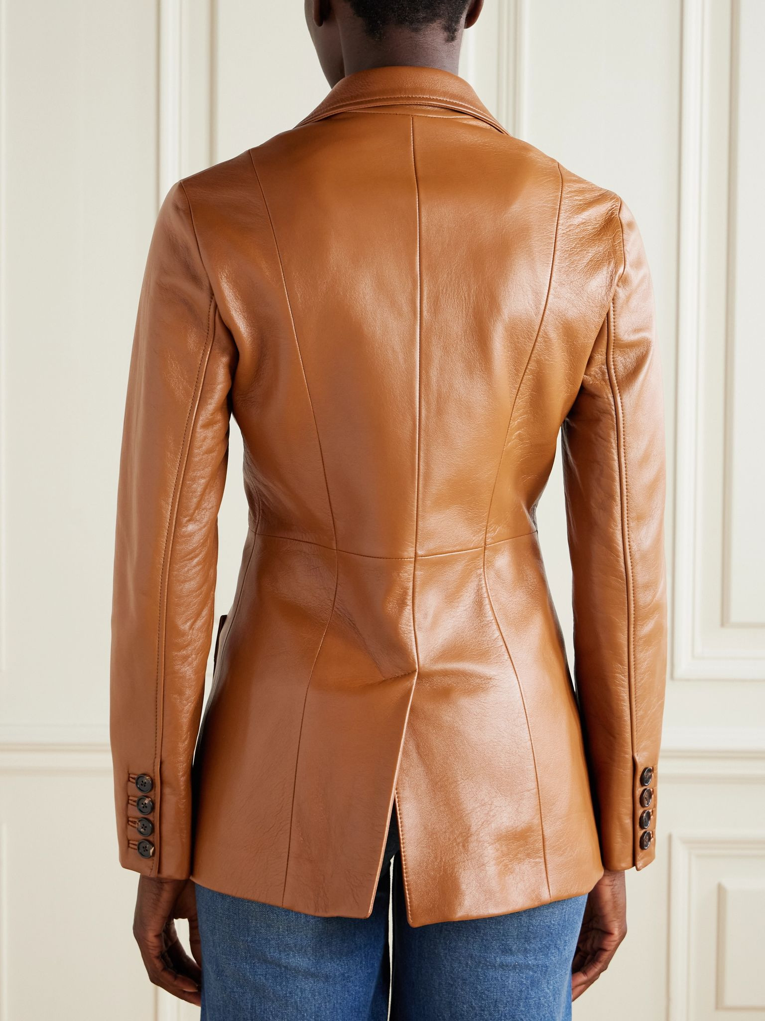 Paneled leather jacket Tan - 4