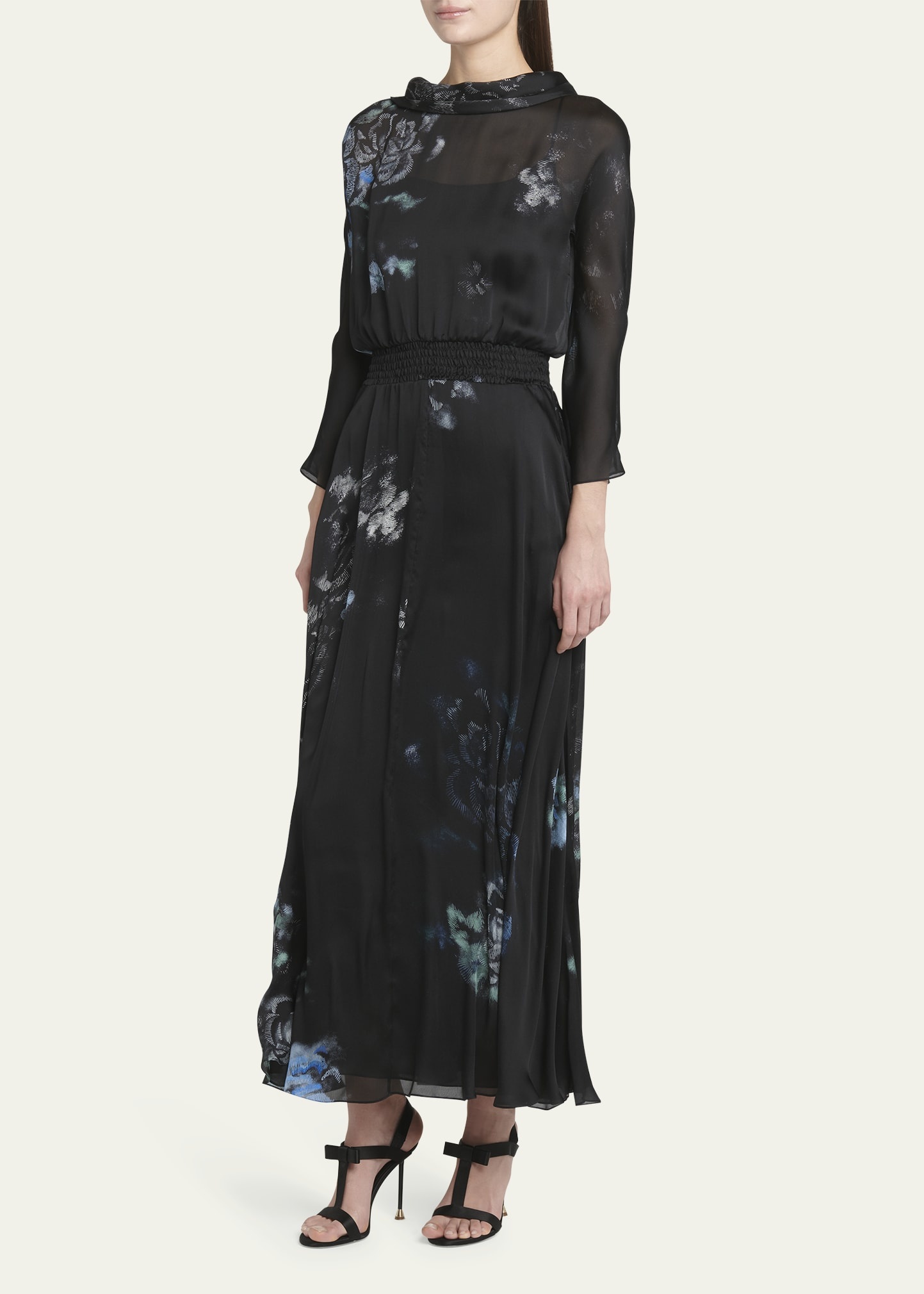 Floral Print Silk Gown with Smocked Waist - 4