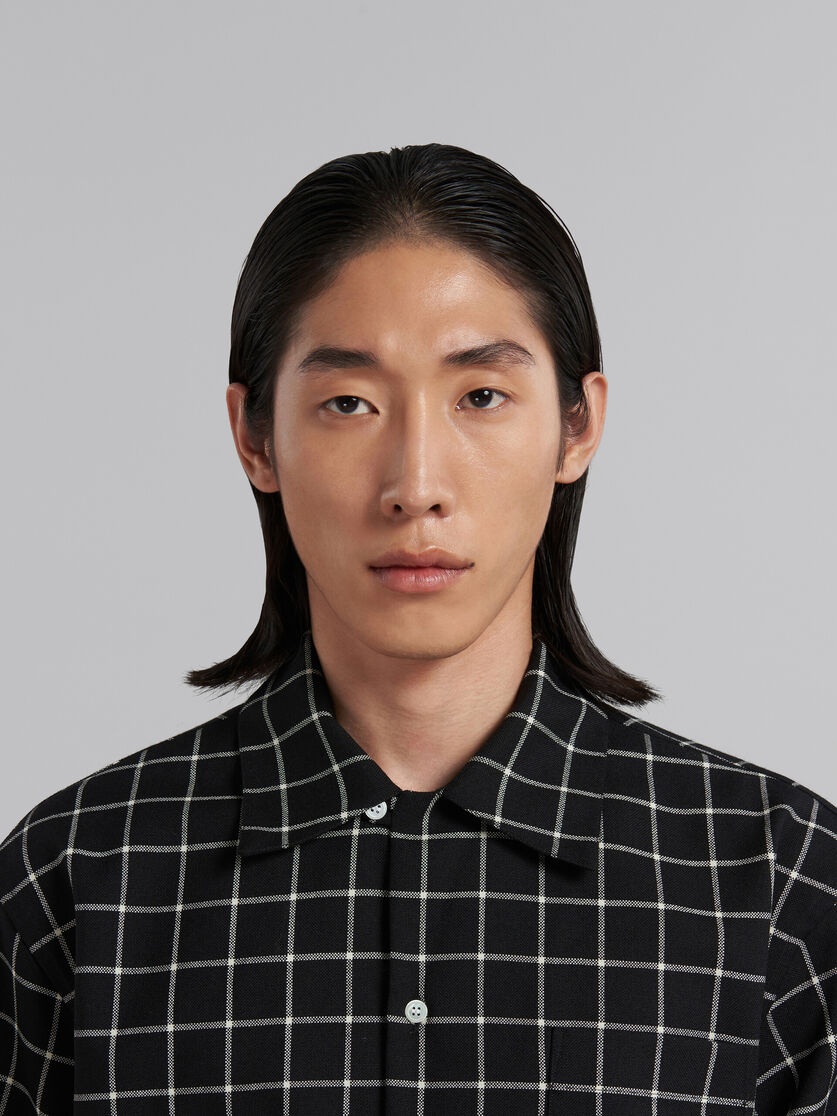 BLACK CHECKED WOOL BOWLING SHIRT - 4
