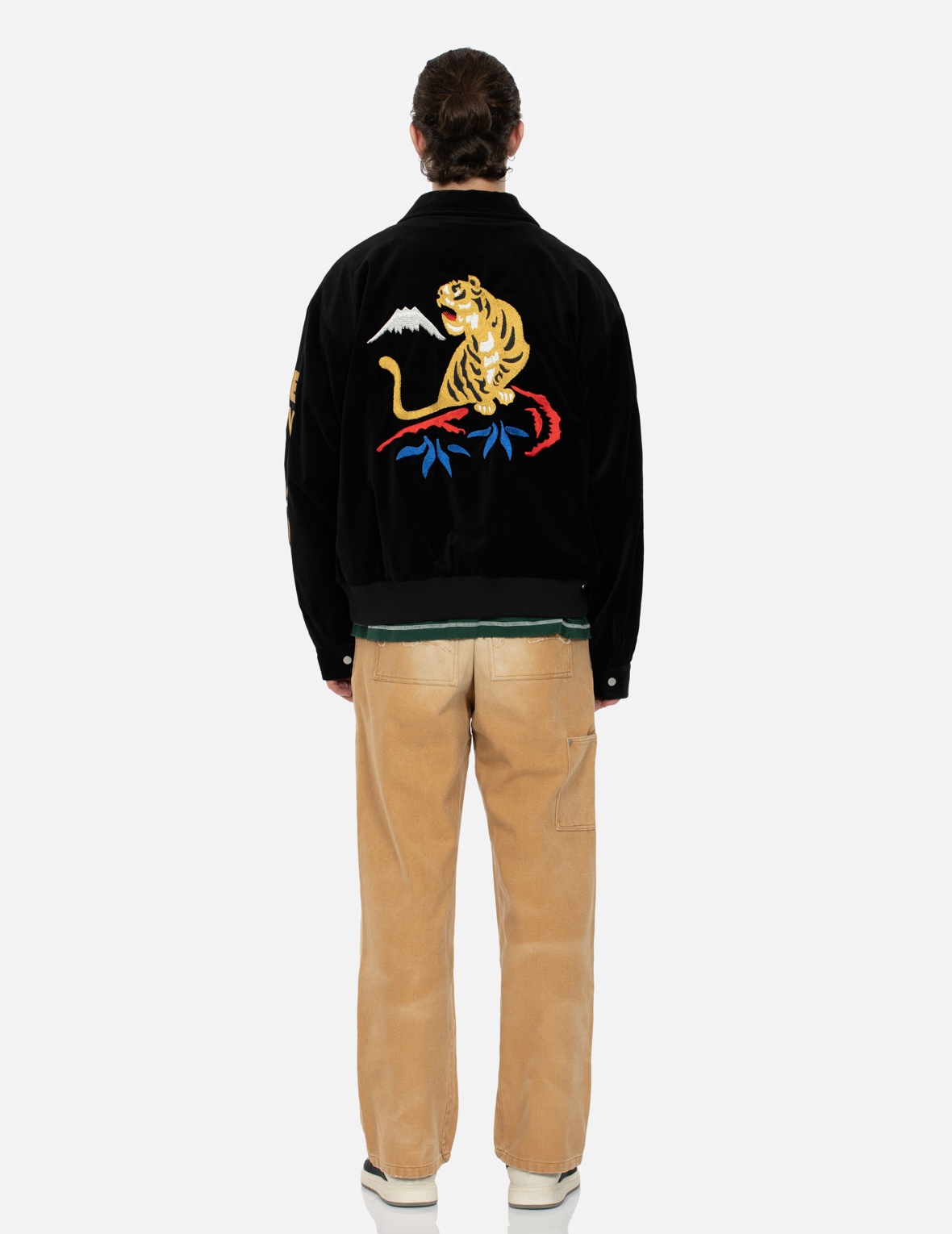 TIGER AND LOGO EMBROIDERY OVERSIZED VELVET BOMBER JACKET - 5