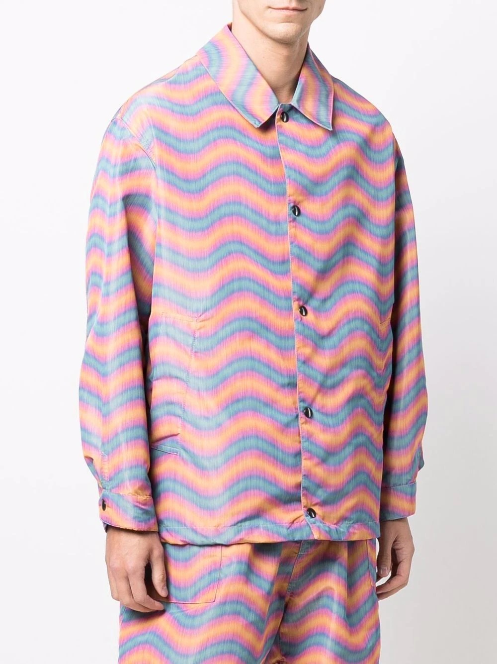 wave-print button-fastening jacket - 3