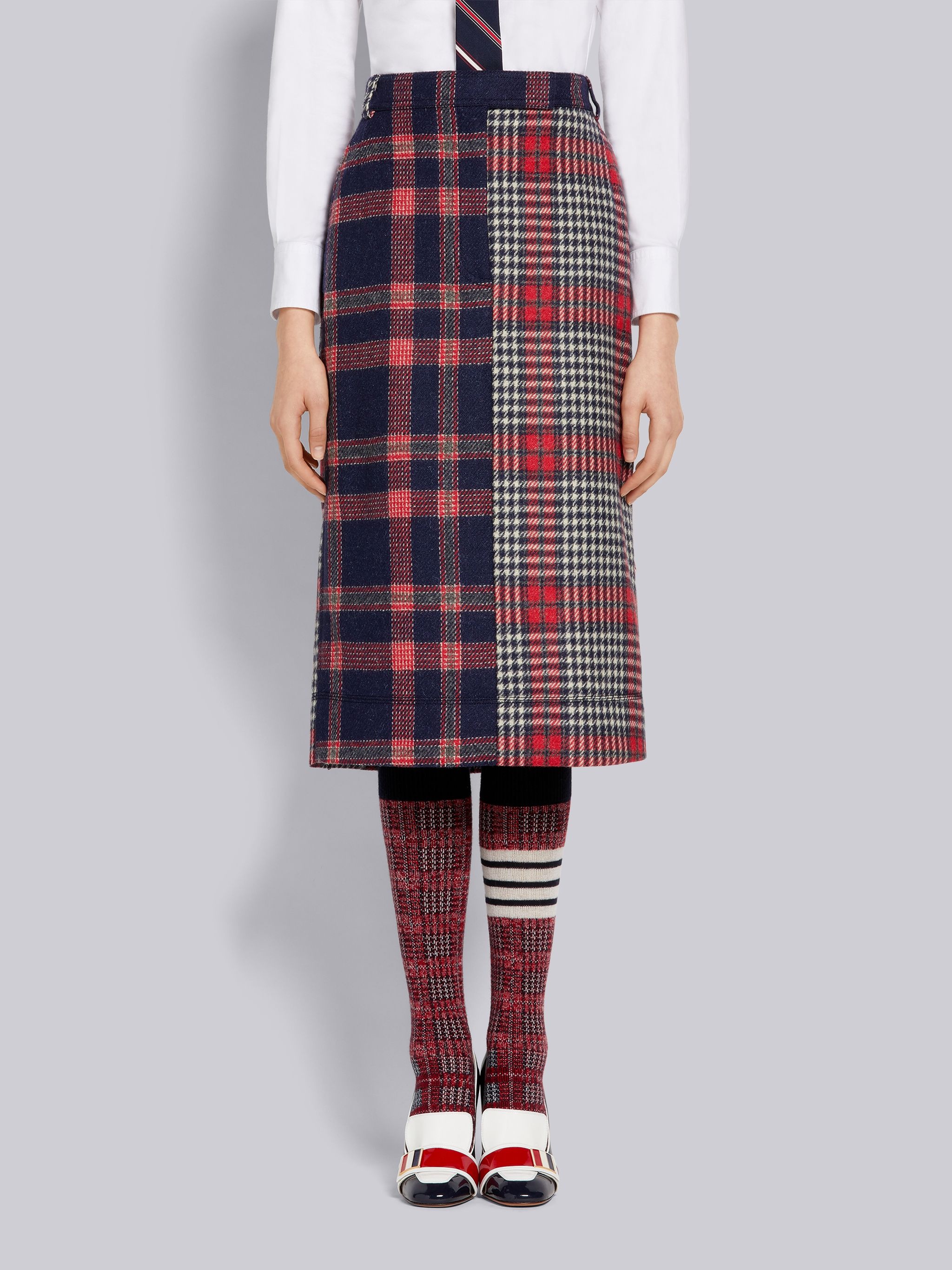 Multicolor Grid Windowpane Check British Wool Below-the-Knee Utility Skirt - 1