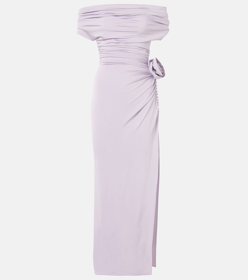 Floral-appliqué gathered off-shoulder gown - 1
