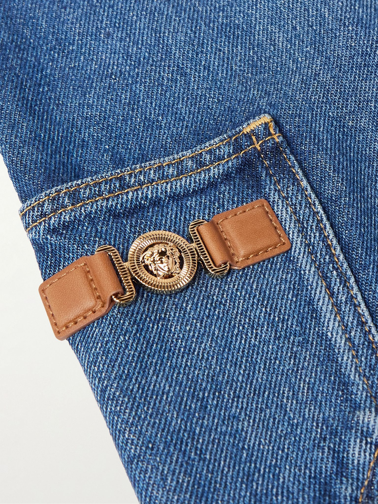 Straight-Leg Horsebit-Embellished Denim Shorts Blue - 6