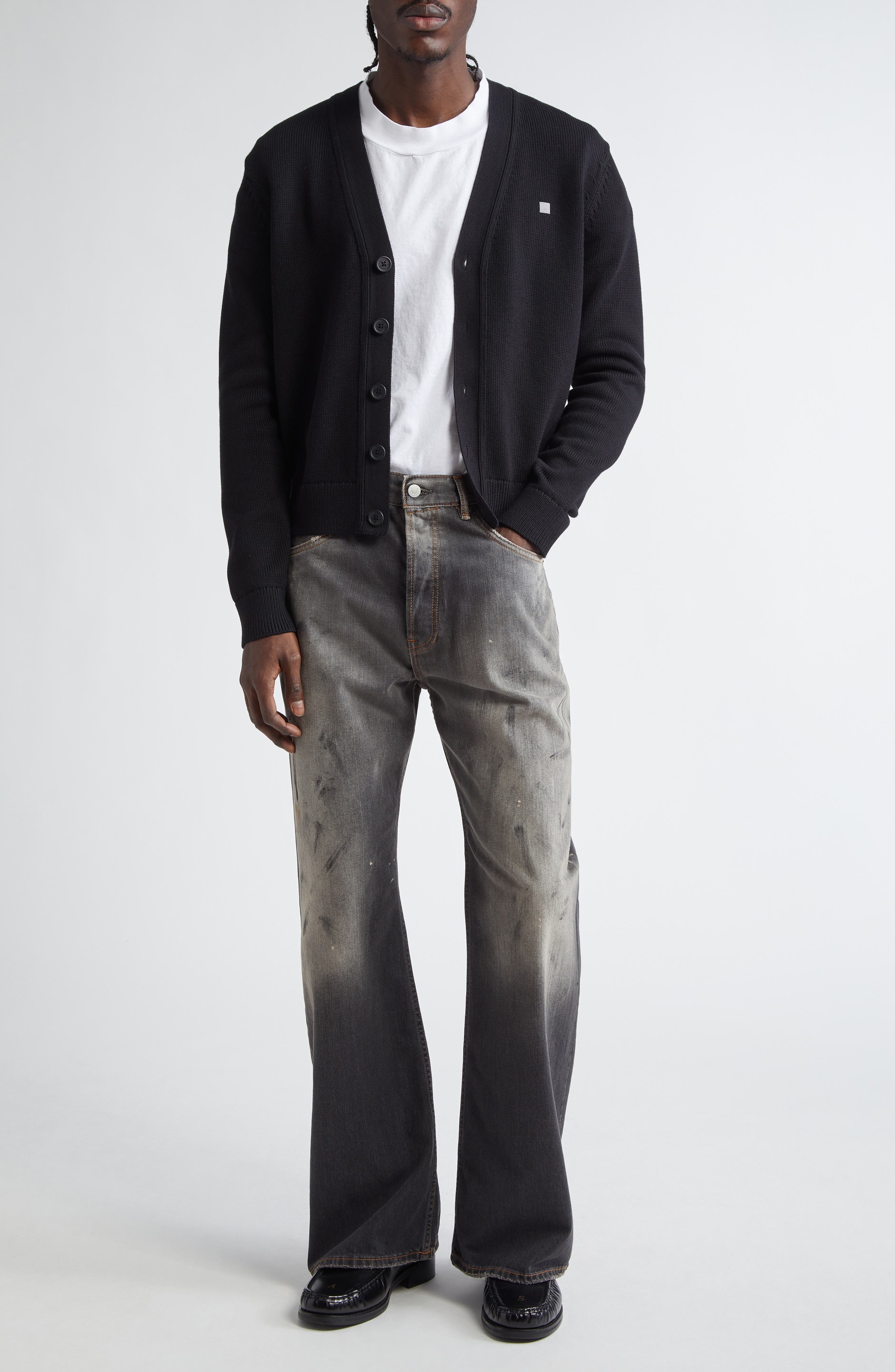 Acne Studios Keven Face Patch Cotton V-Neck Cardigan in Black at Nordstrom - 2