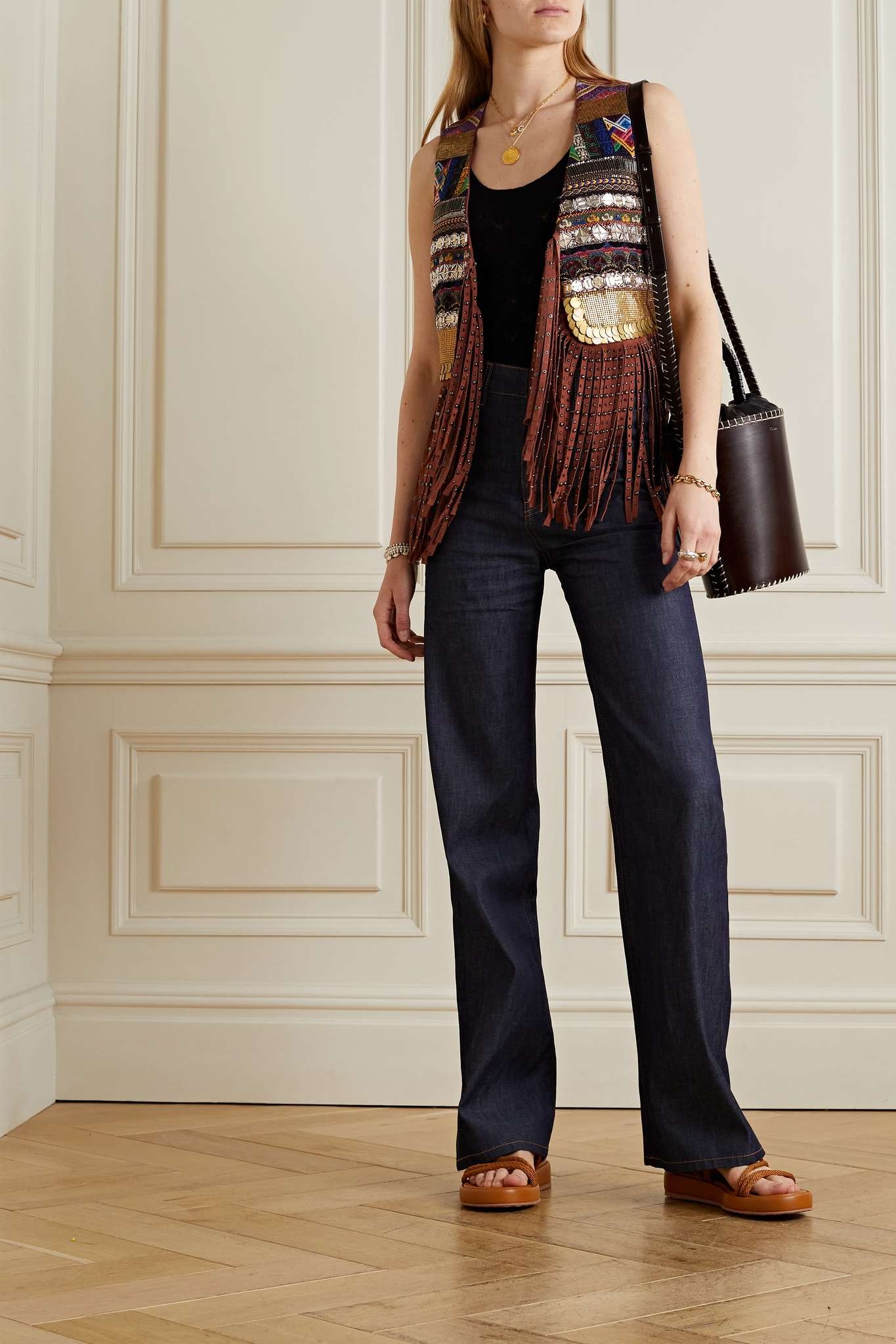 Embellished fringed suede and cotton-voile vest - 2