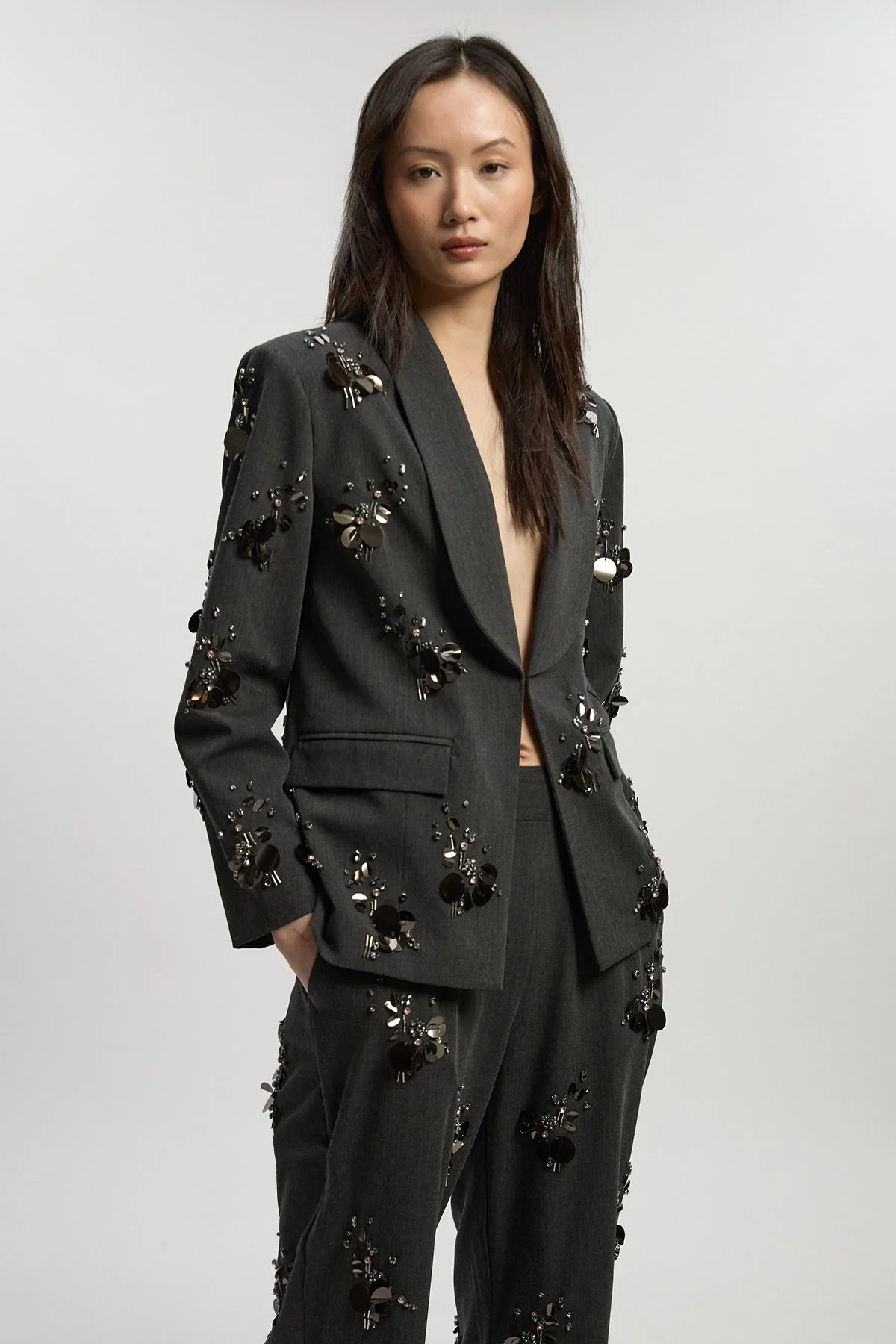 Petite Cluster Sequin & Crystal Embellished Tailored Single Breast Blazer - 1