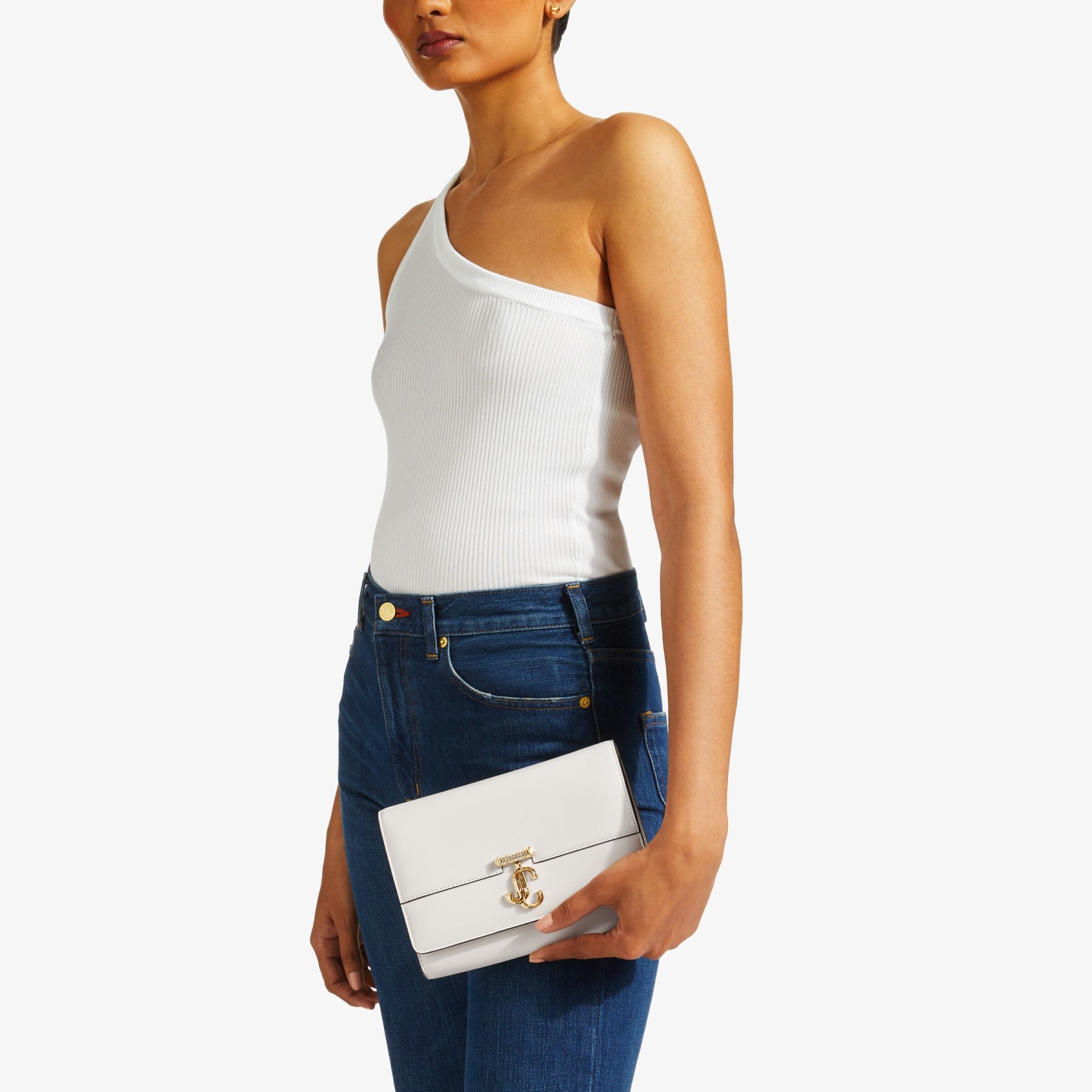 Varenne Clutch
Latte Leather Clutch Bag with Crystal-Embellished Gold JC Emblem - 2