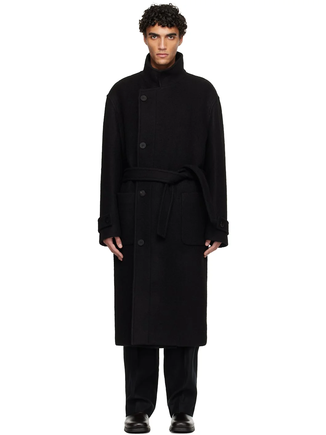 Black Wool Blend High-Neck Coat - 1