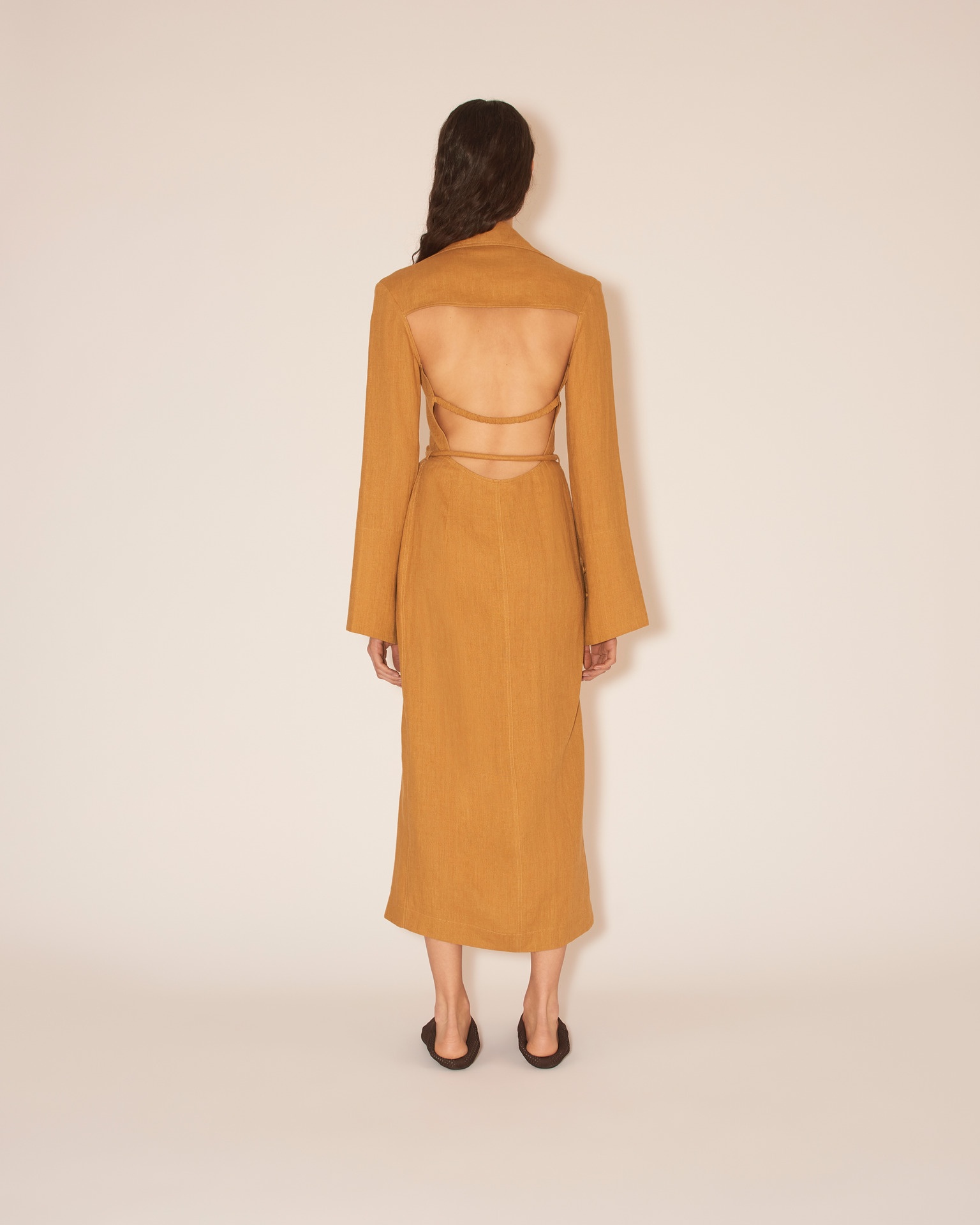 FARAH - Midi wrap dress with straight skirt silhouette - Camel - 5