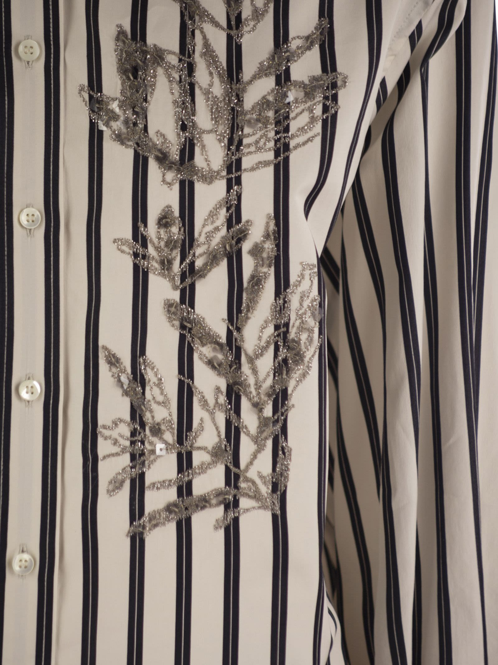 Brunello Cucinelli Women Regimental Cotton And Silk Poplin Shirt With Glistening Herbarium Embroider - 4