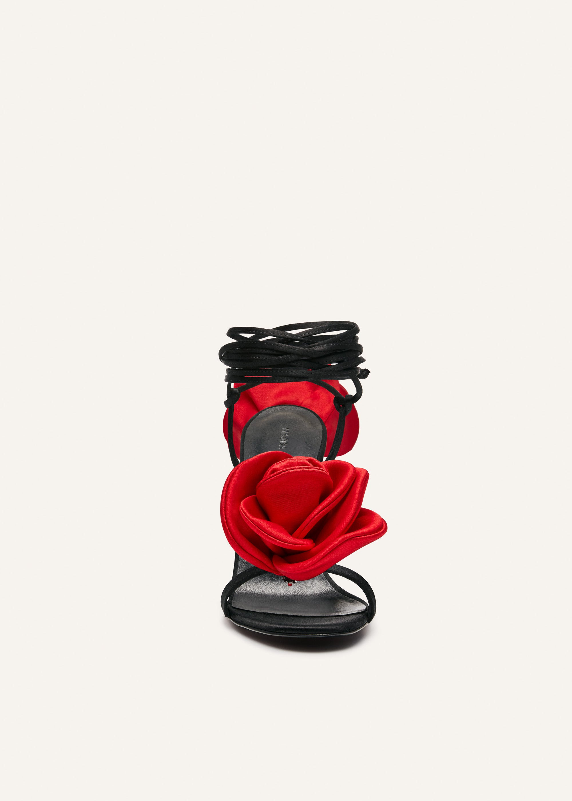 Double red flower heel sandals in black satin - 3