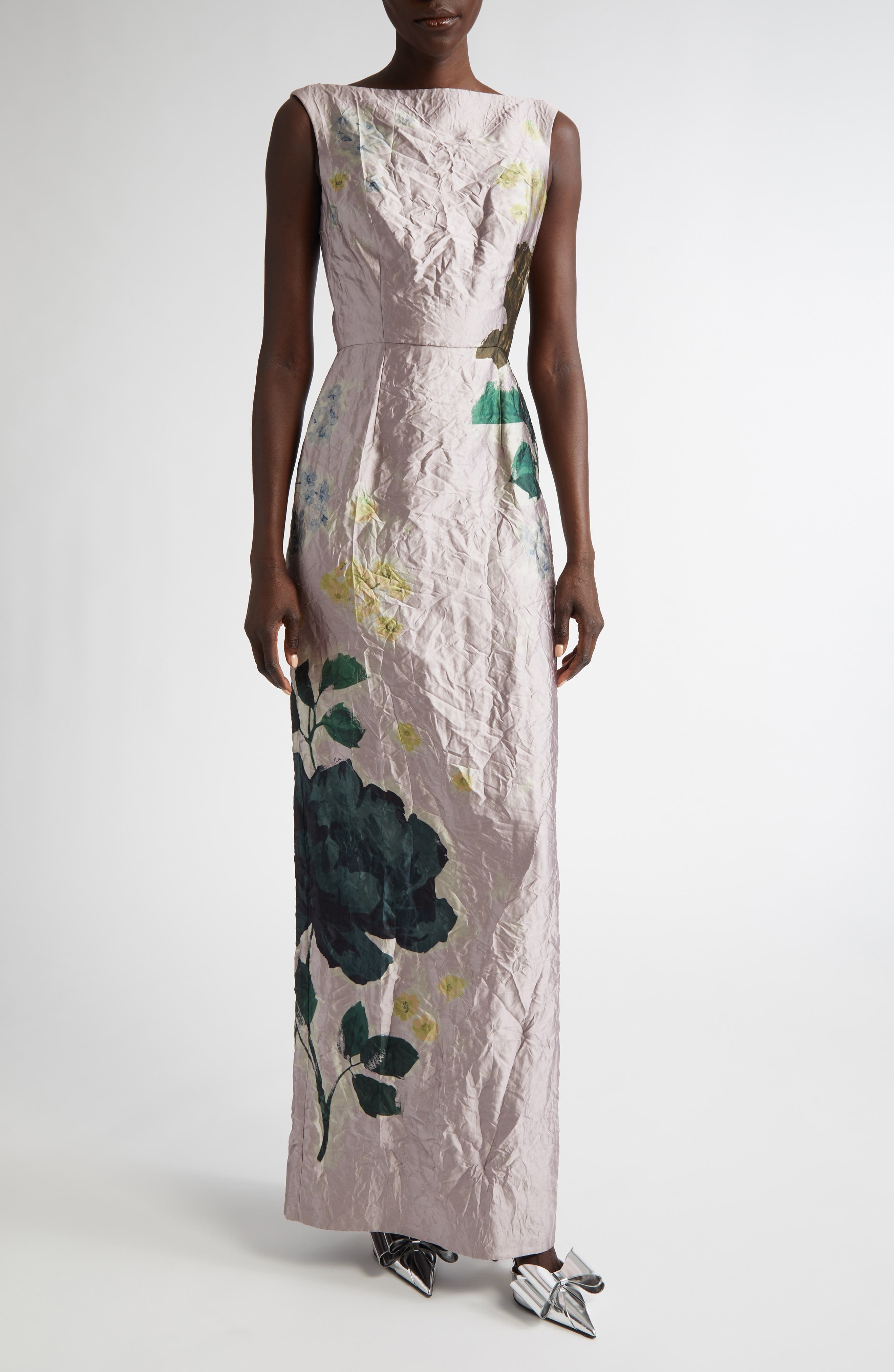 Erdem Floral Print Crinkled Metallic Satin Gown in Margot Floral Lilac at Nordstrom - 1
