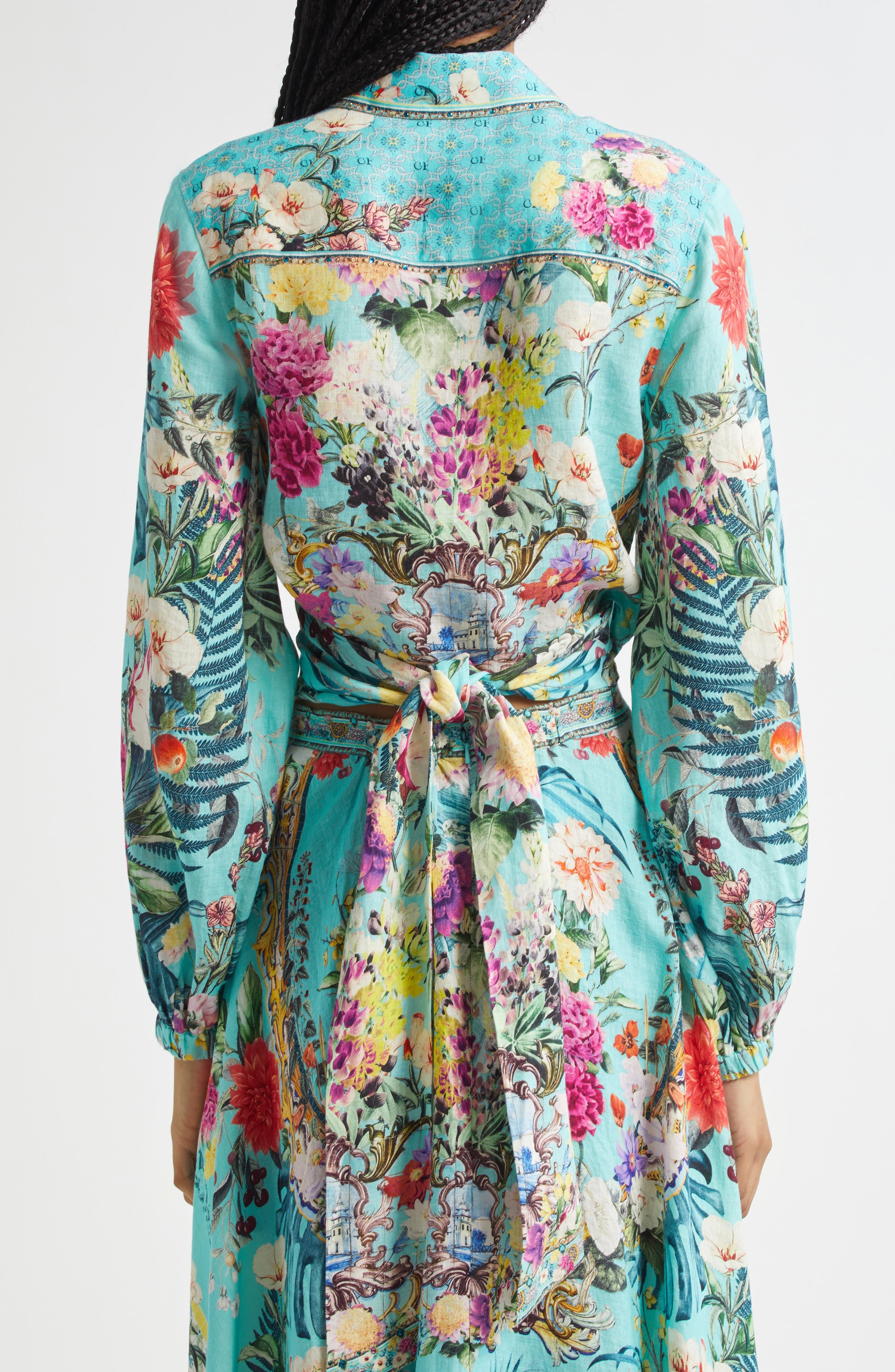 Camilla Crystal Embellished Crop Linen Wrap Shirt in Gardens Of Queluz at Nordstrom - 3