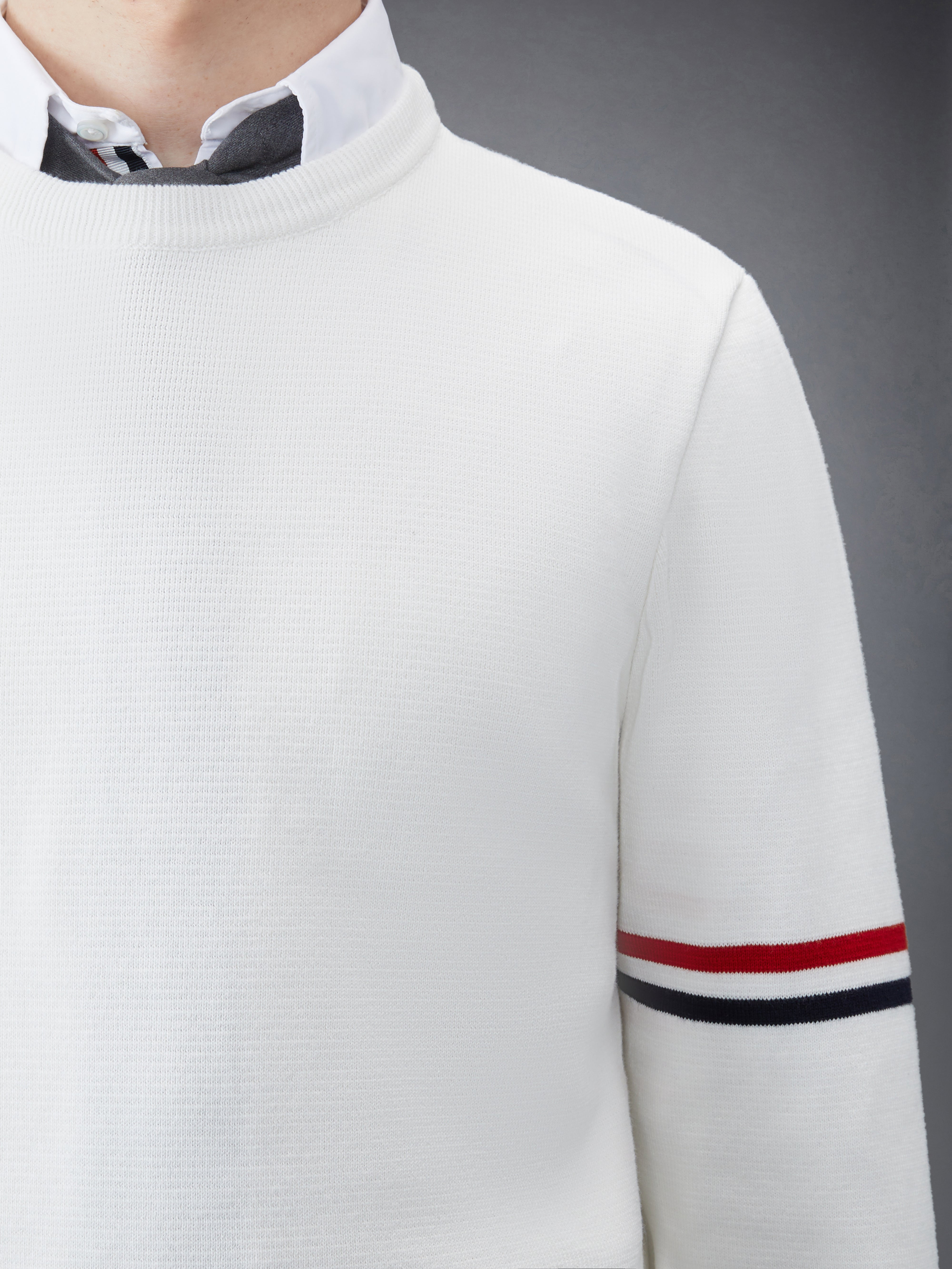 White Cotton Milano Stitch Stripe Armband Crewneck Pullover - 6