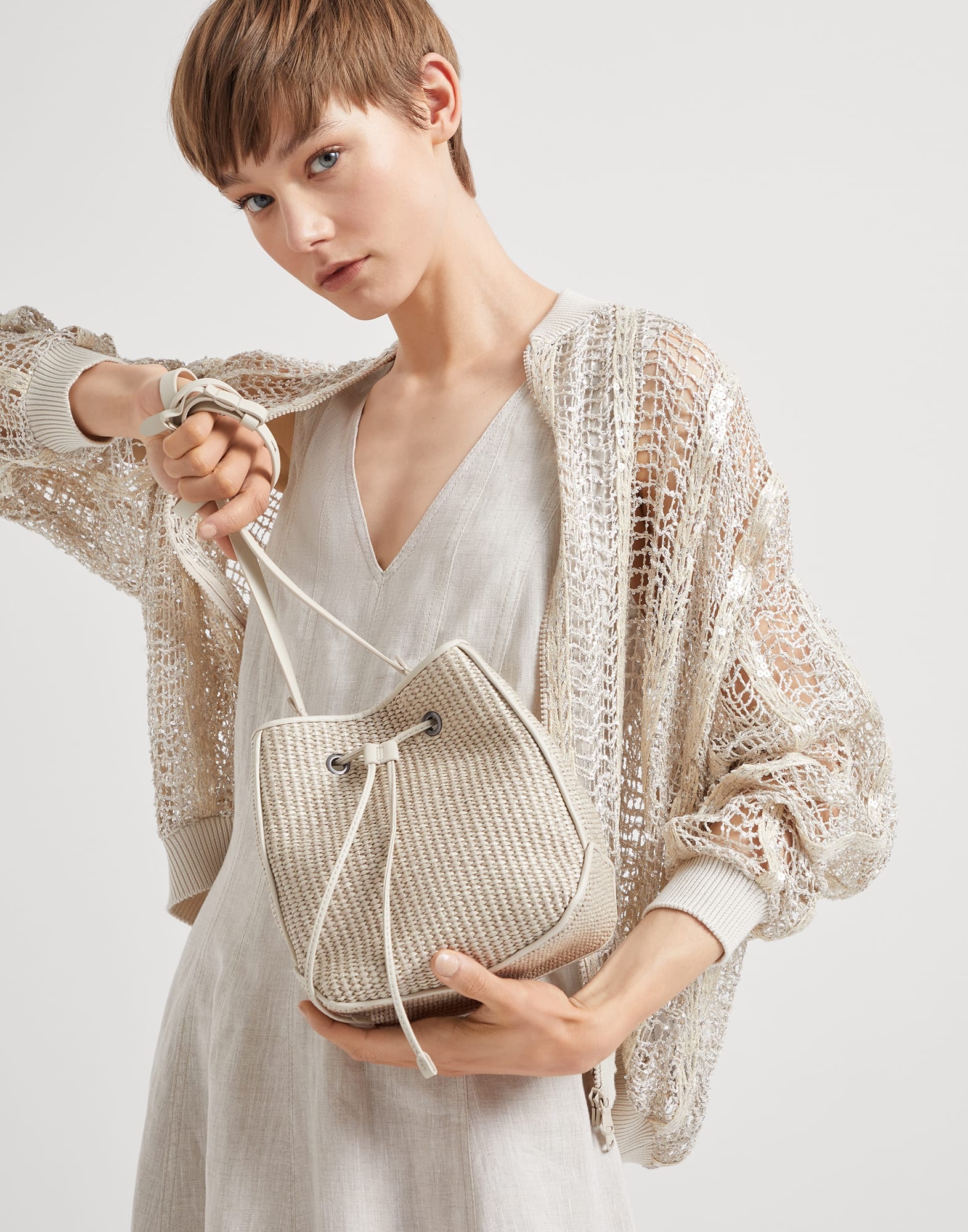 Techno raffia bucket bag with monili 4