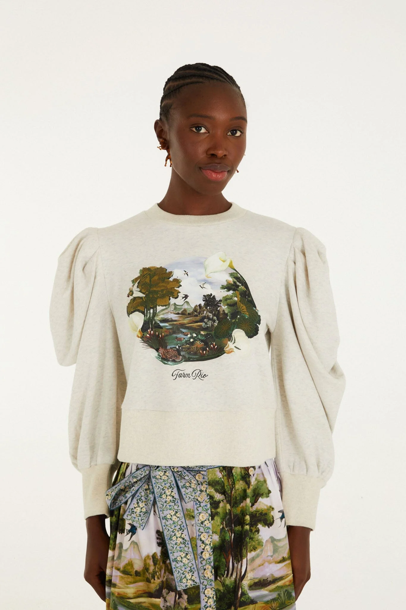 Grey Countryside Landscape Puff Sleeve Sweater - 1
