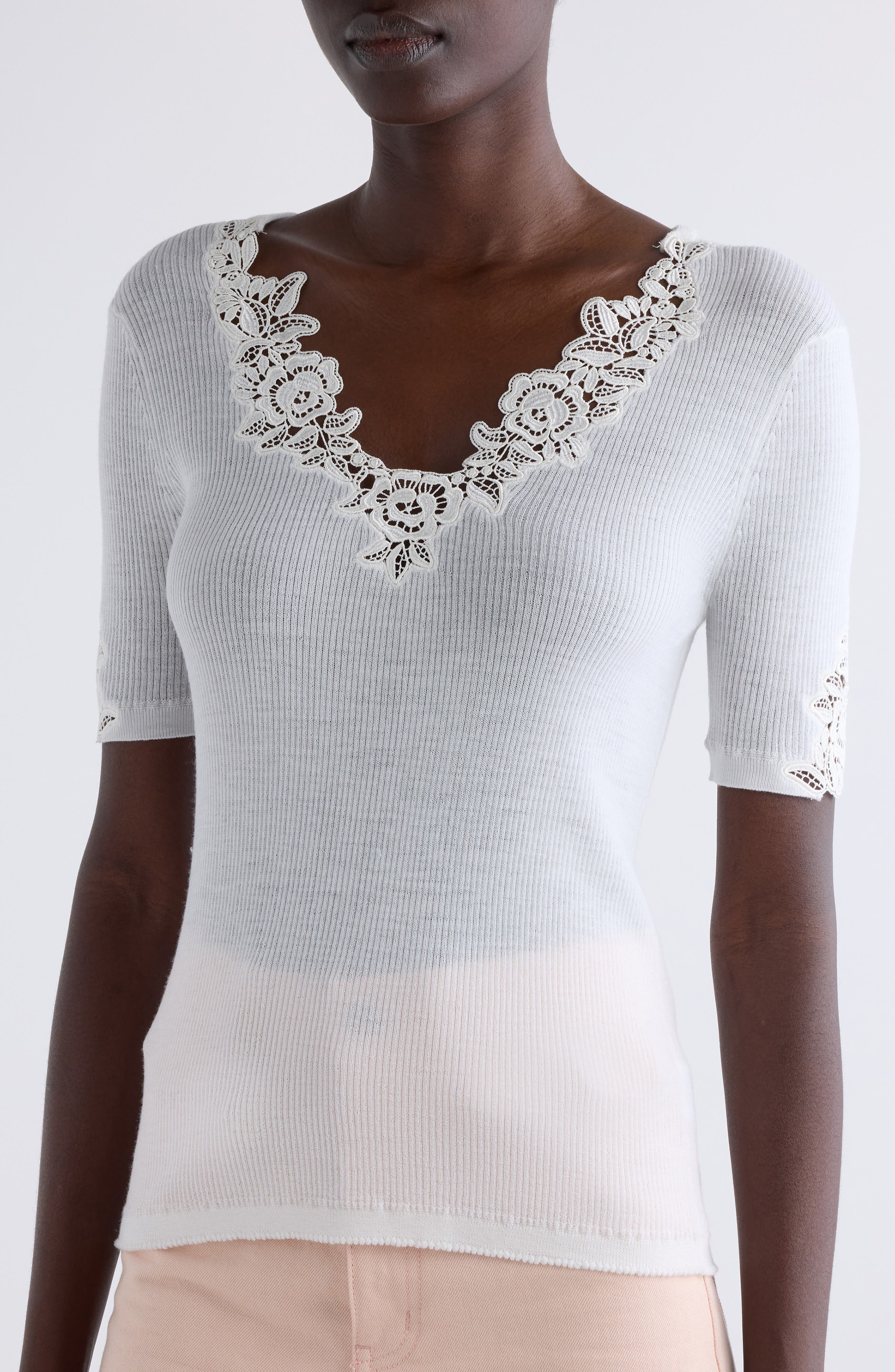 Chloé Lace Trim Rib Top in Iconic Milk at Nordstrom - 5