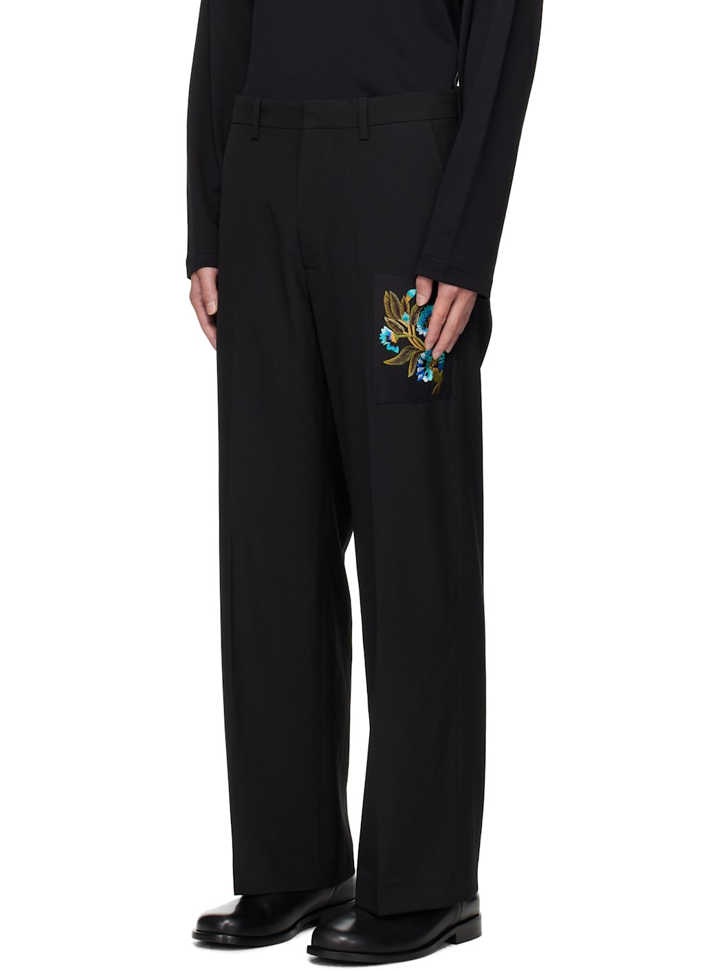 Black Embroidered Patch Trousers - 4