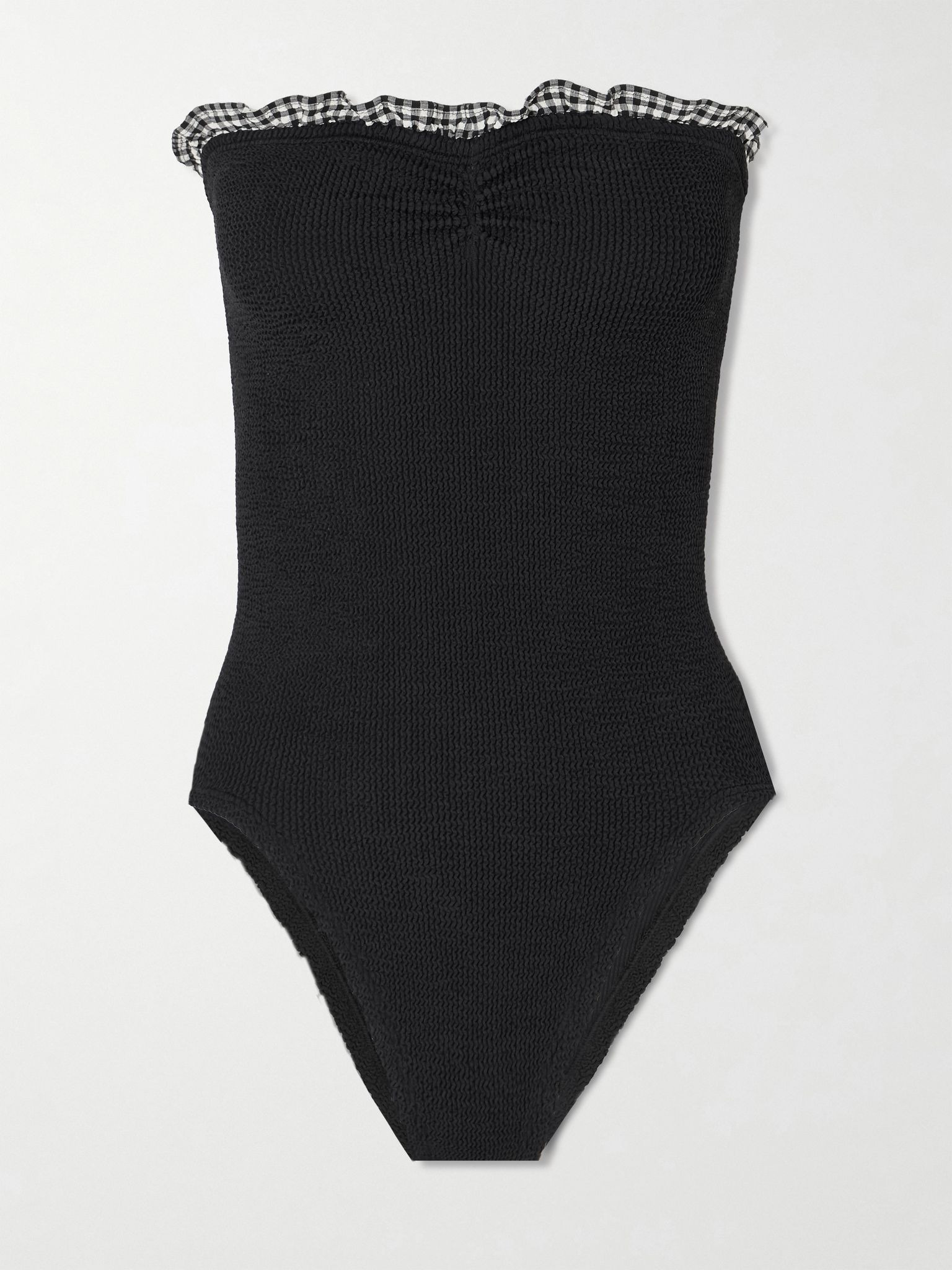 Dolly strapless ruffled gingham-trimmed seersucker swimsuit Black - 1