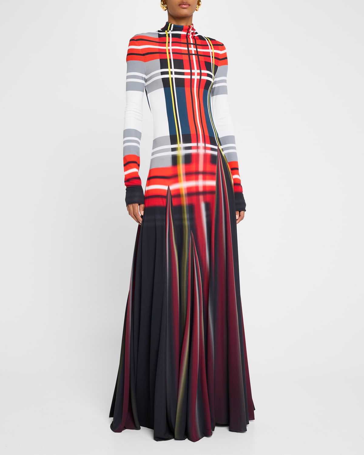 Blur Check Turtleneck Godet Maxi Dress - 4