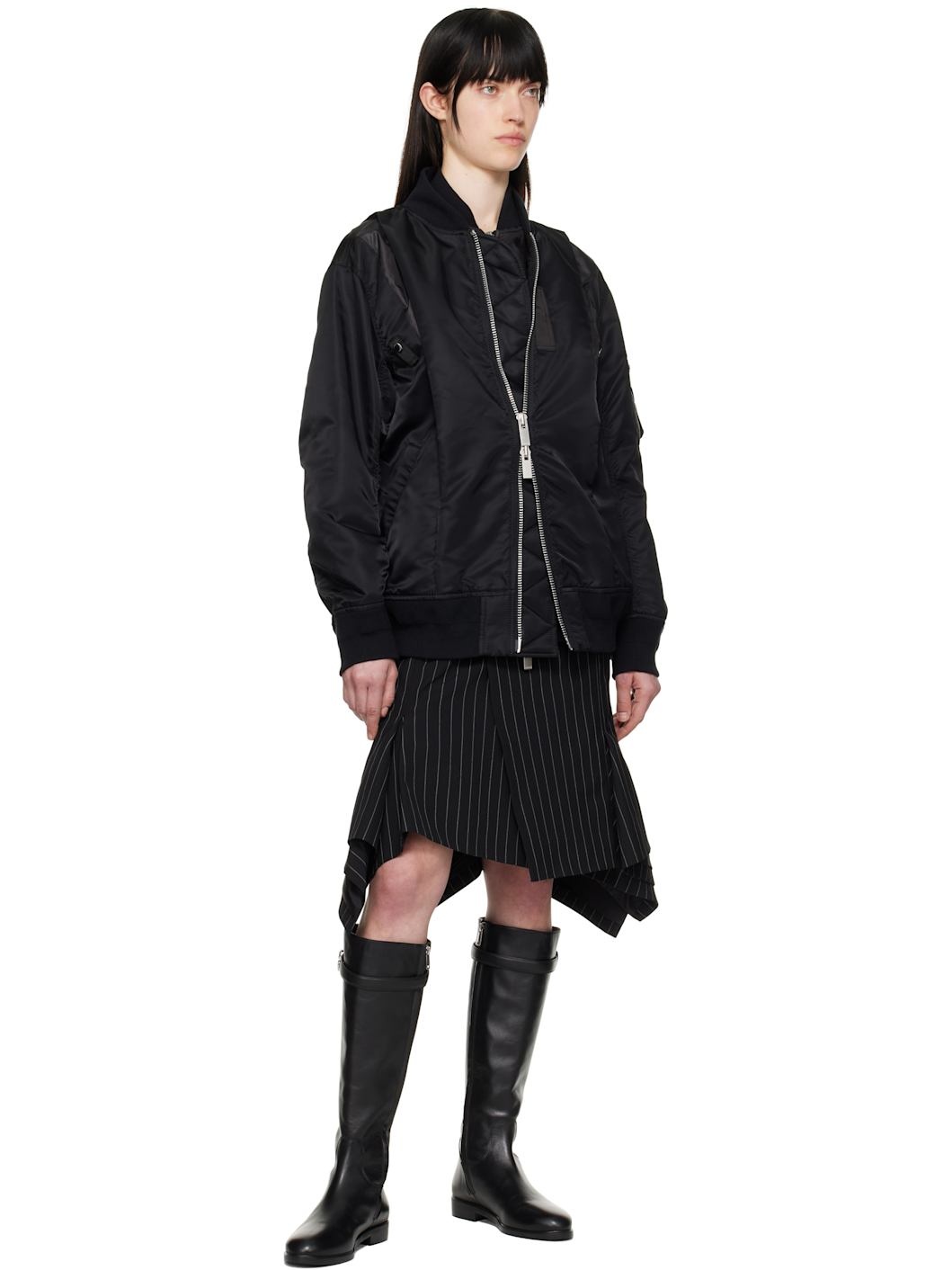 Black Wool Silk Suiting Midi Skirt - 4