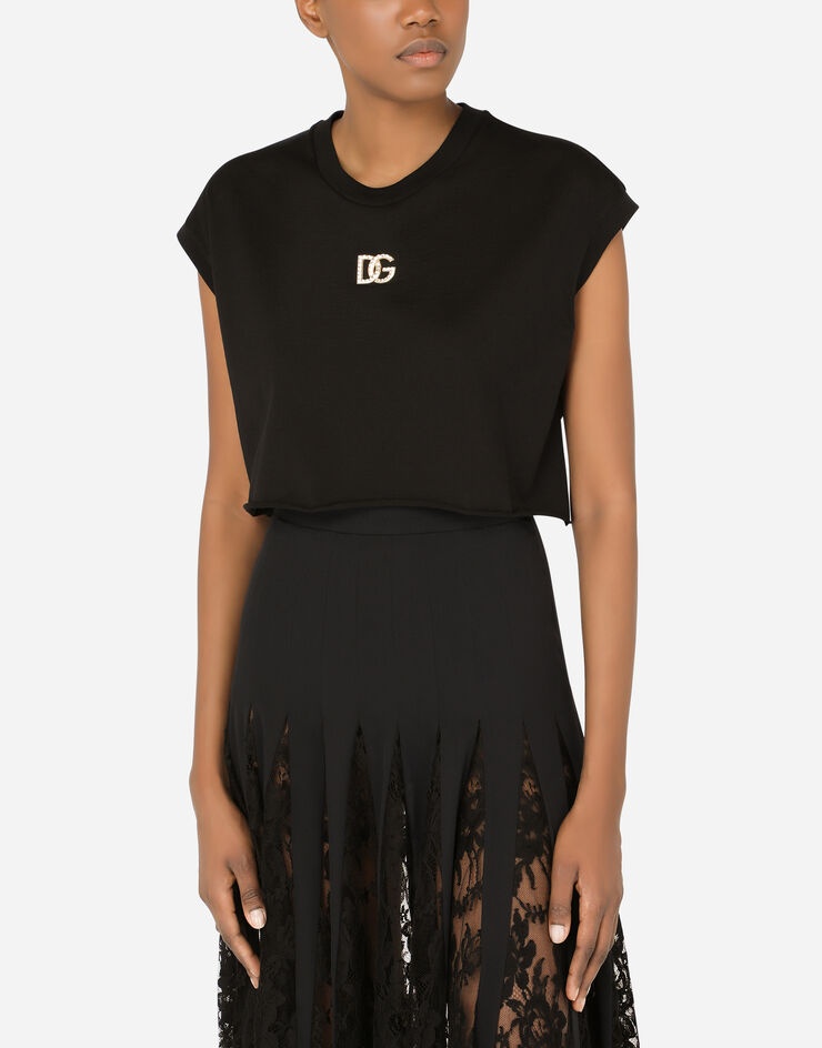 Cropped jersey T-shirt with crystal DG embellishment - 4