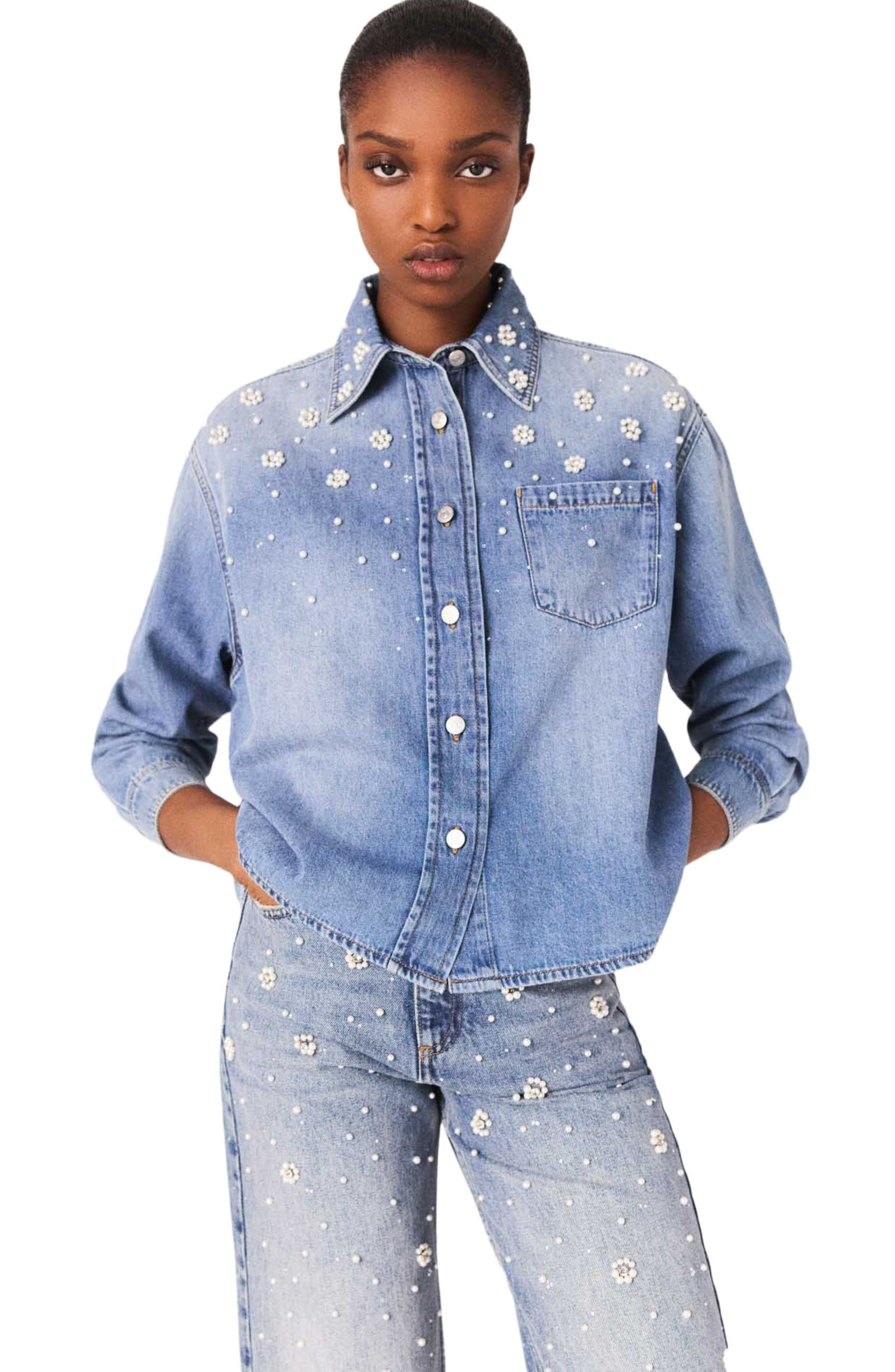 maje Denim shirt with embroidered beads in Blue at Nordstrom - 4