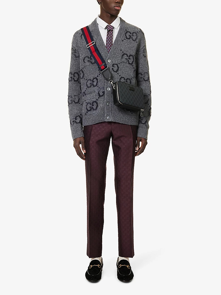 Horsebit-patterned slim-fit mid-rise wool-blend trousers - 2