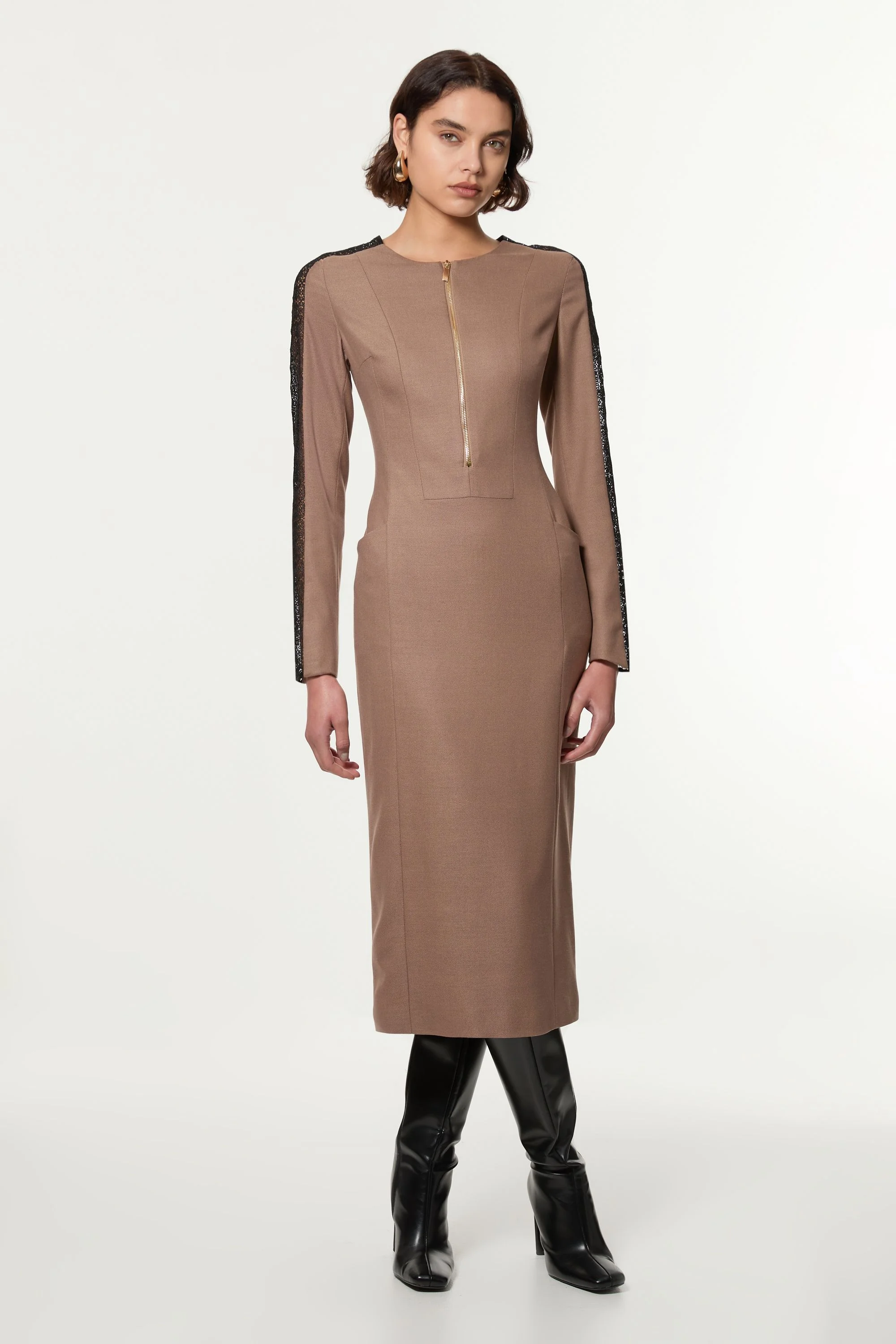Tall Tailored Twill Lace Mix Zip Front Midi Dress - 1