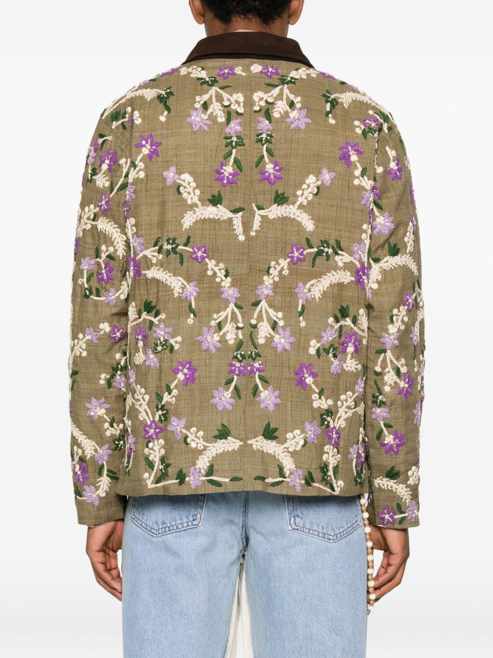 floral-embroidered suede-collar jacket - 4