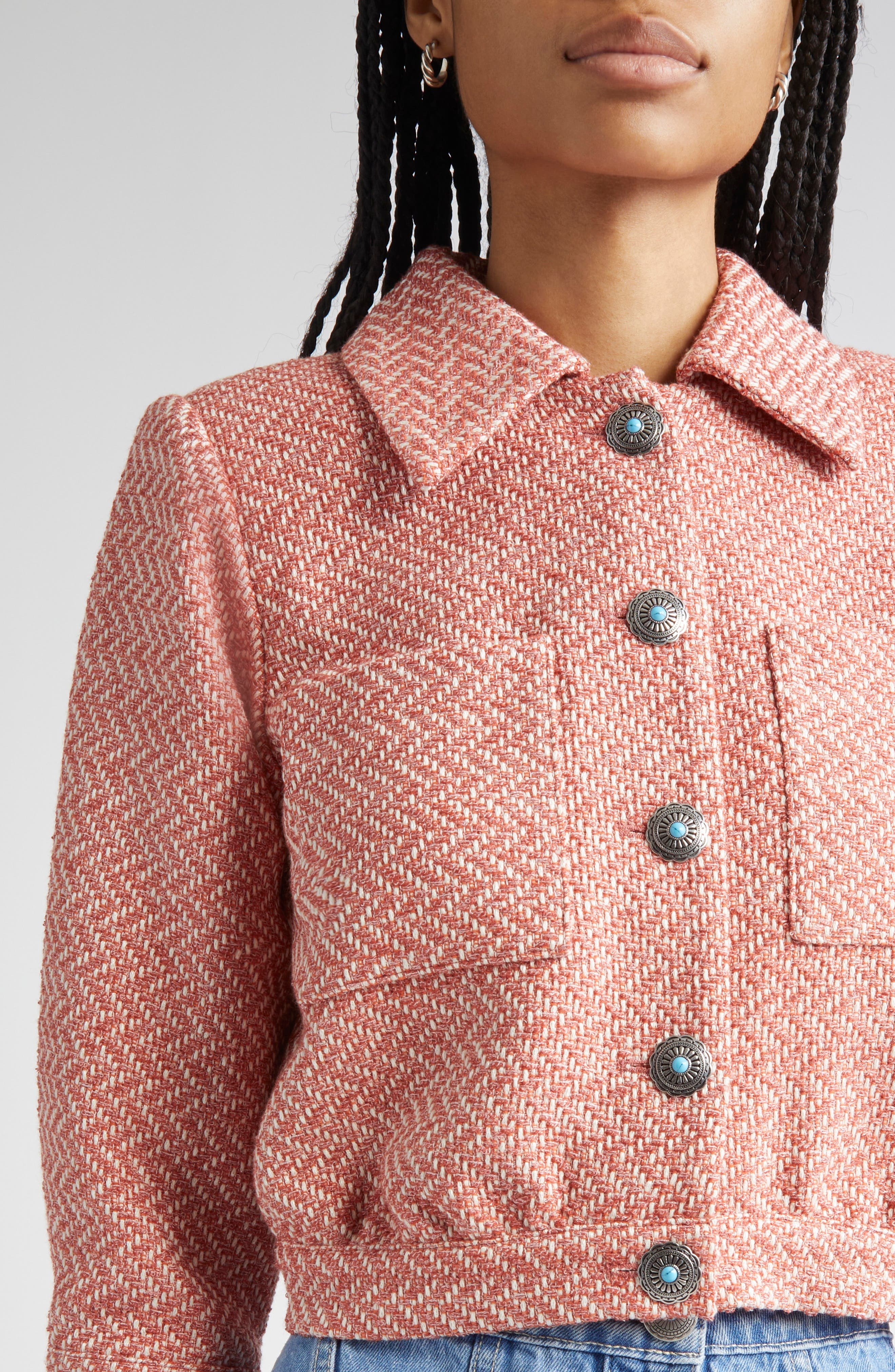 L'AGENCE Jia Tweed Crop Jacket in Burnt Coral/Ivory at Nordstrom - 5