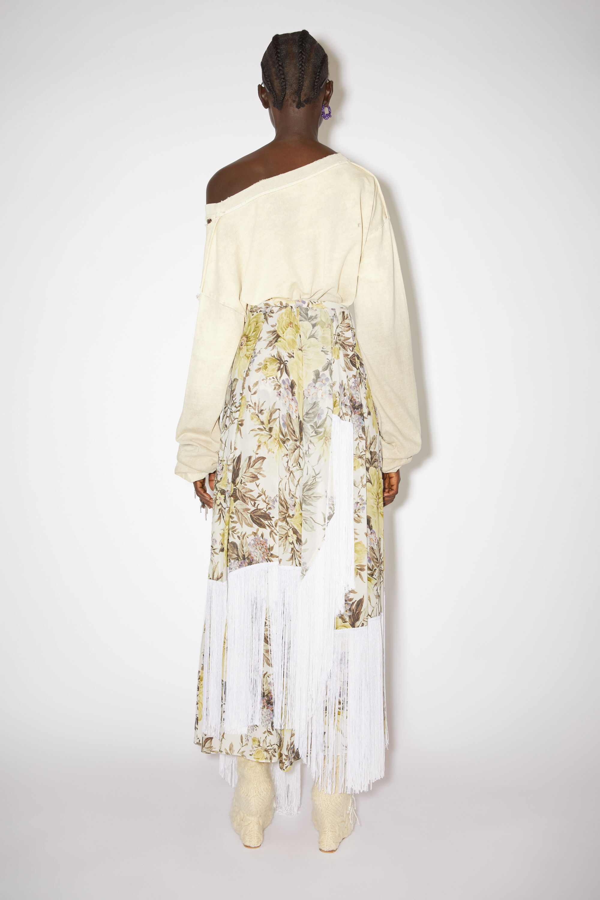 Flower print fringe skirt - Beige - 4