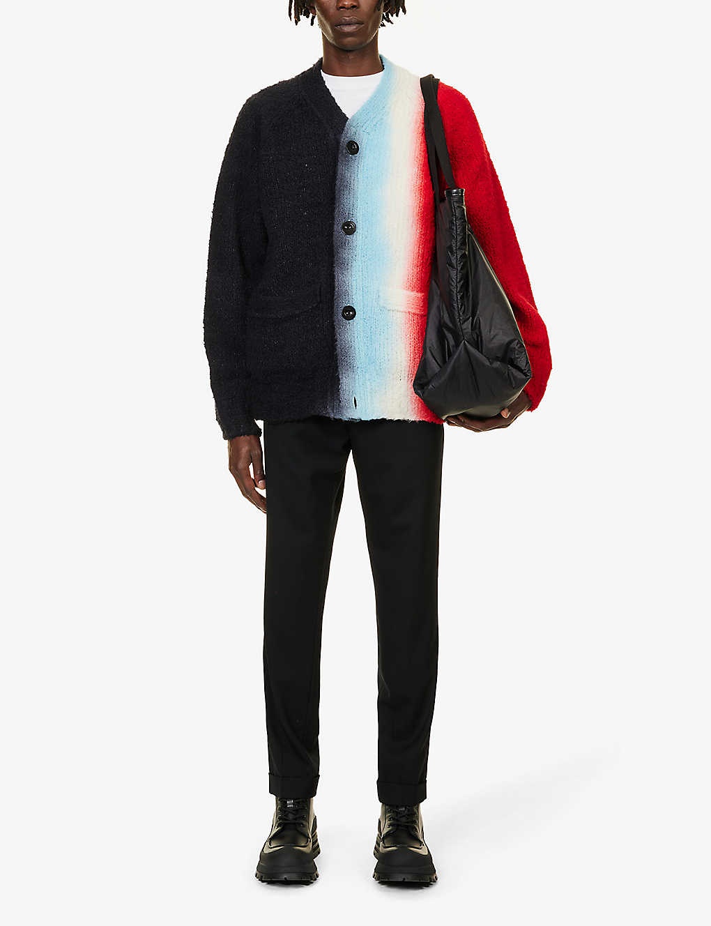 Sacai Mens Black Red Tie-dye Wool-blend Knitted Cardigan