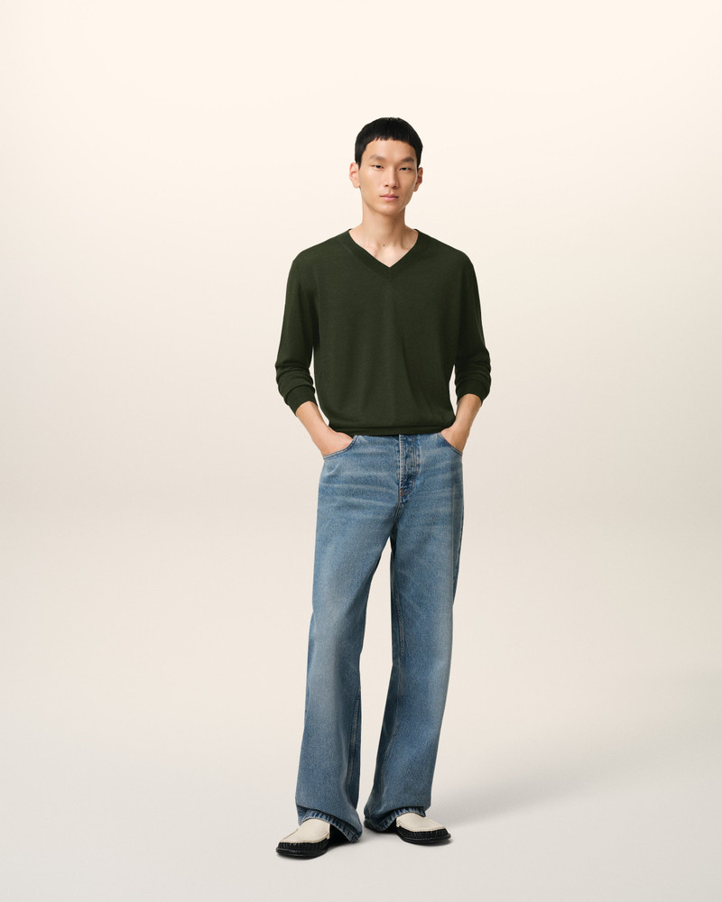 GREEN WOOL TONAL V NECK SWEATER 1