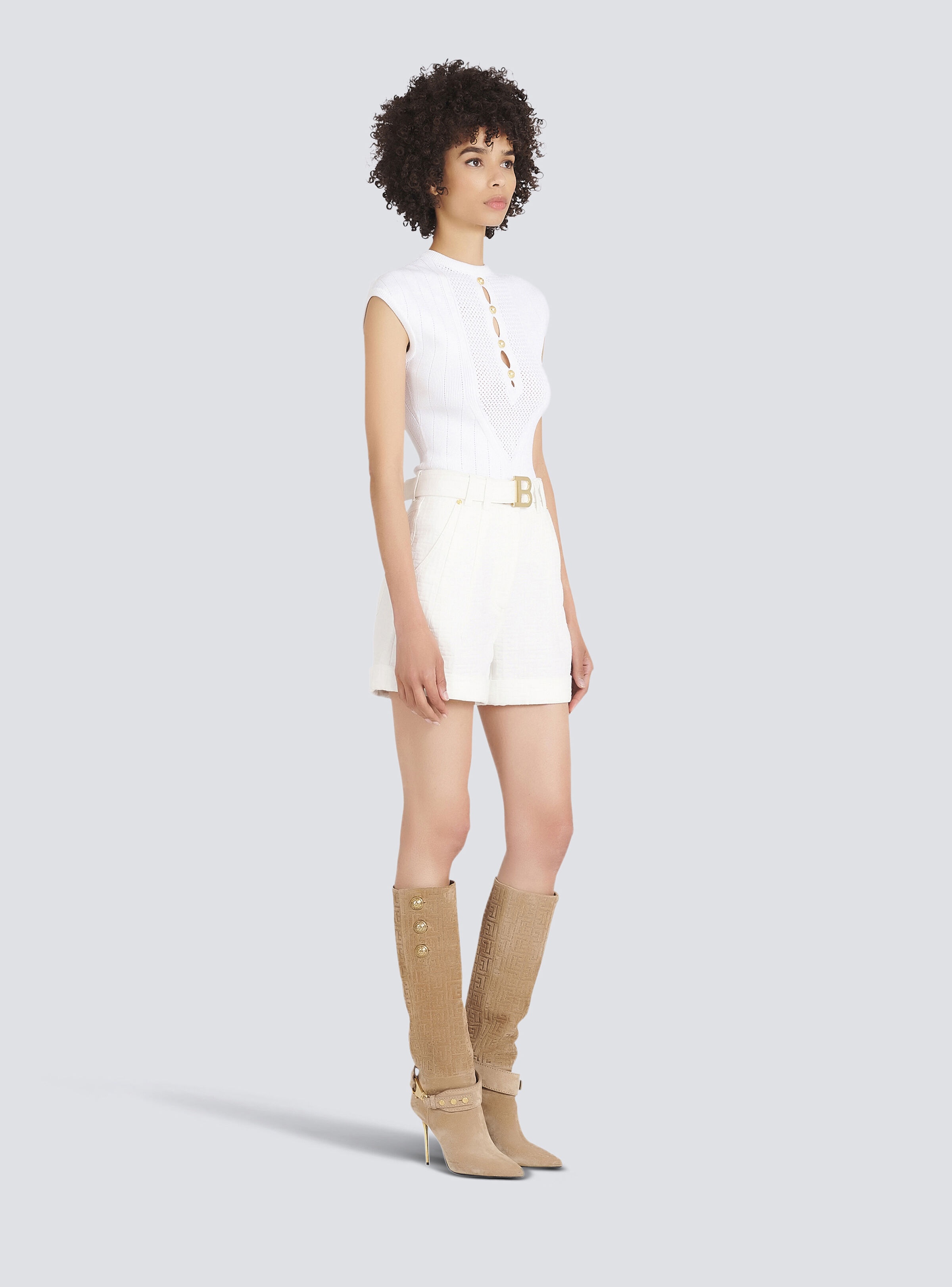 Denim high-waisted shorts with Balmain buckle - 5