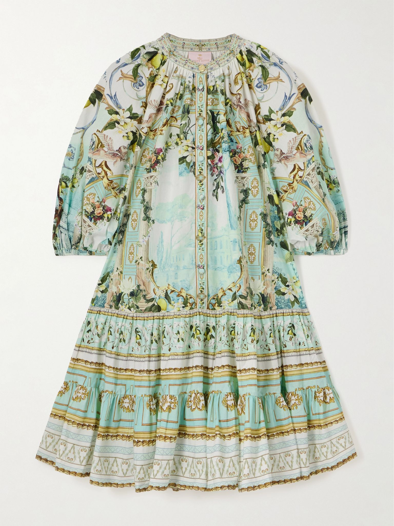 + The White Lotus tiered crystal-embellished printed organic cotton-poplin mini dress Blue - 1
