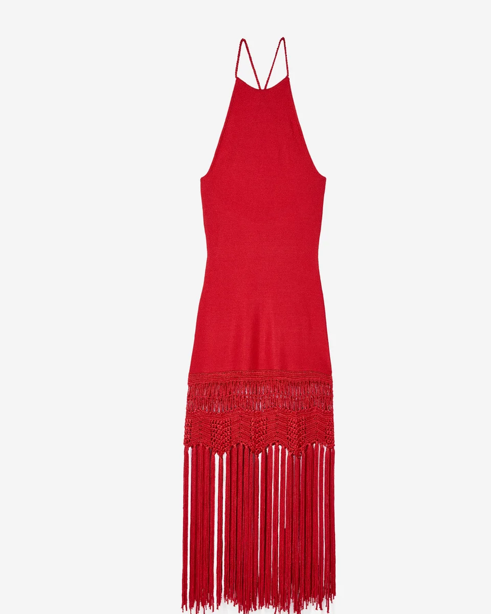 RED MESH FRINGED HALTER DRESS - 1