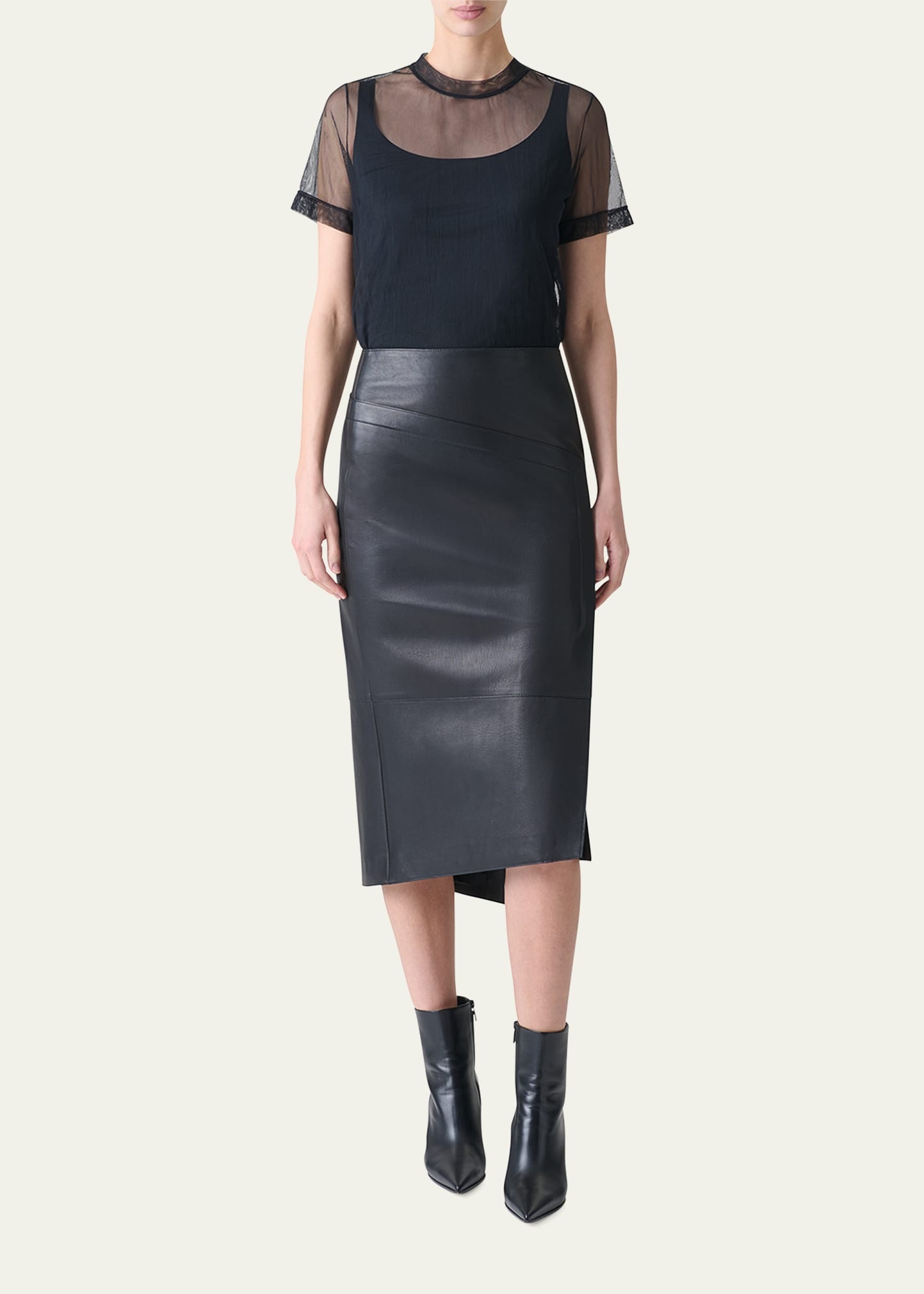 Asymmetric Trapezoid Nappa Leather Midi Skirt - 2