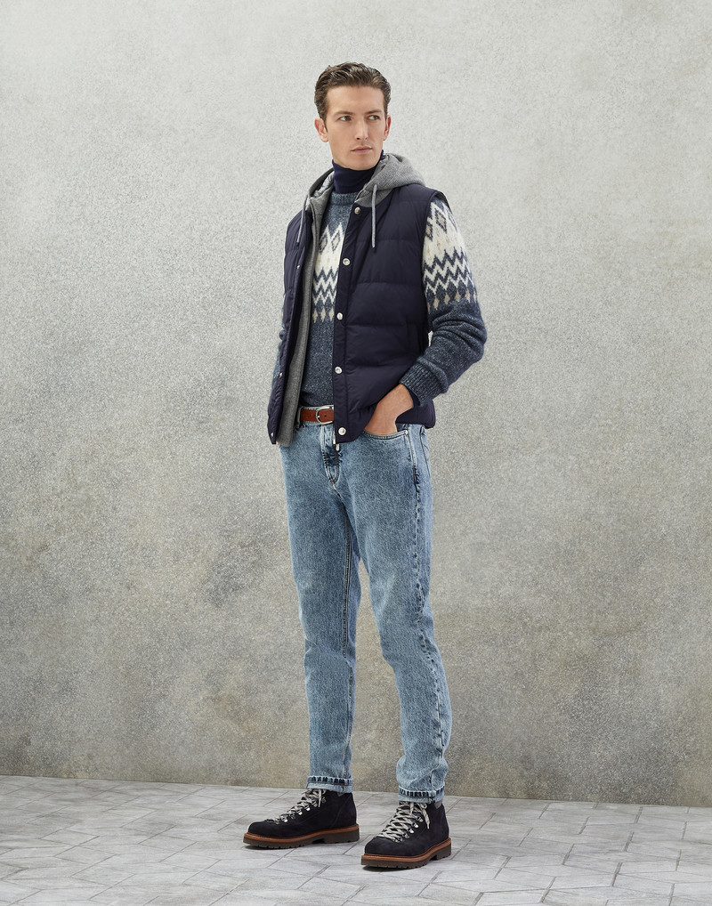 Bonded nylon down vest with knitted bib and detachable hood 5