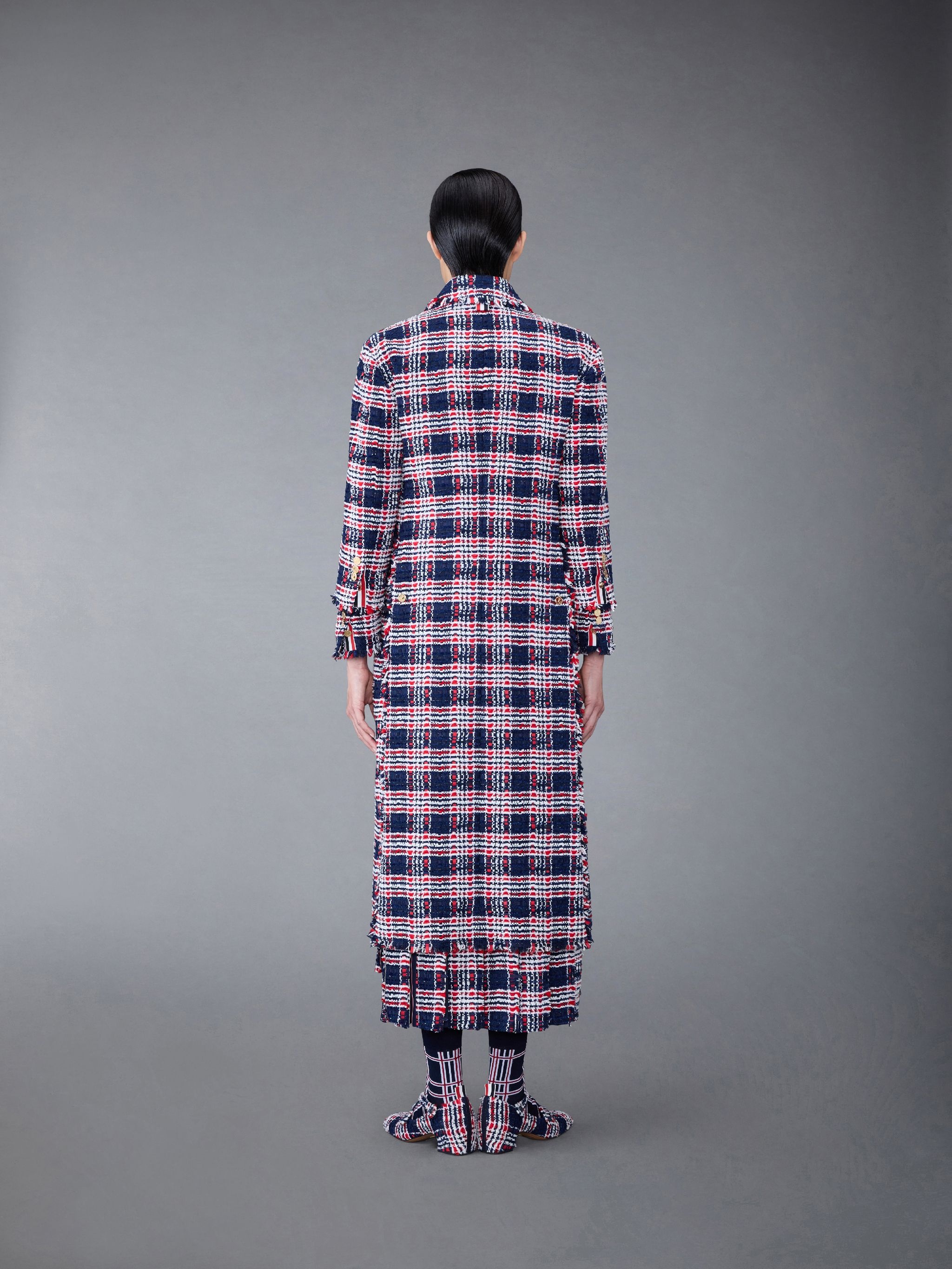 Prince of Wales Check Frayed Chenille Tweed Elongated Bal Collar Coat - 2