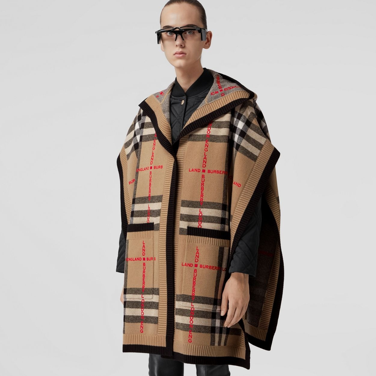Check Wool Cashmere Hooded Cape - 7