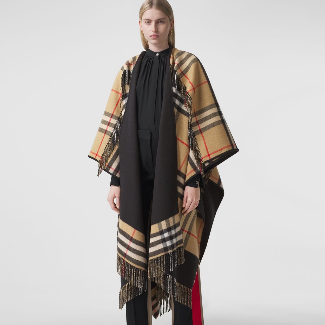 Reversible Check Wool Cashmere Cape - 6