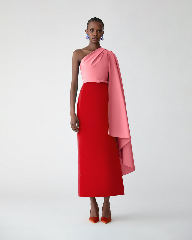 CAROLINA HERRERA Color-Blocked Midi Dress with Detachable Cape outlook