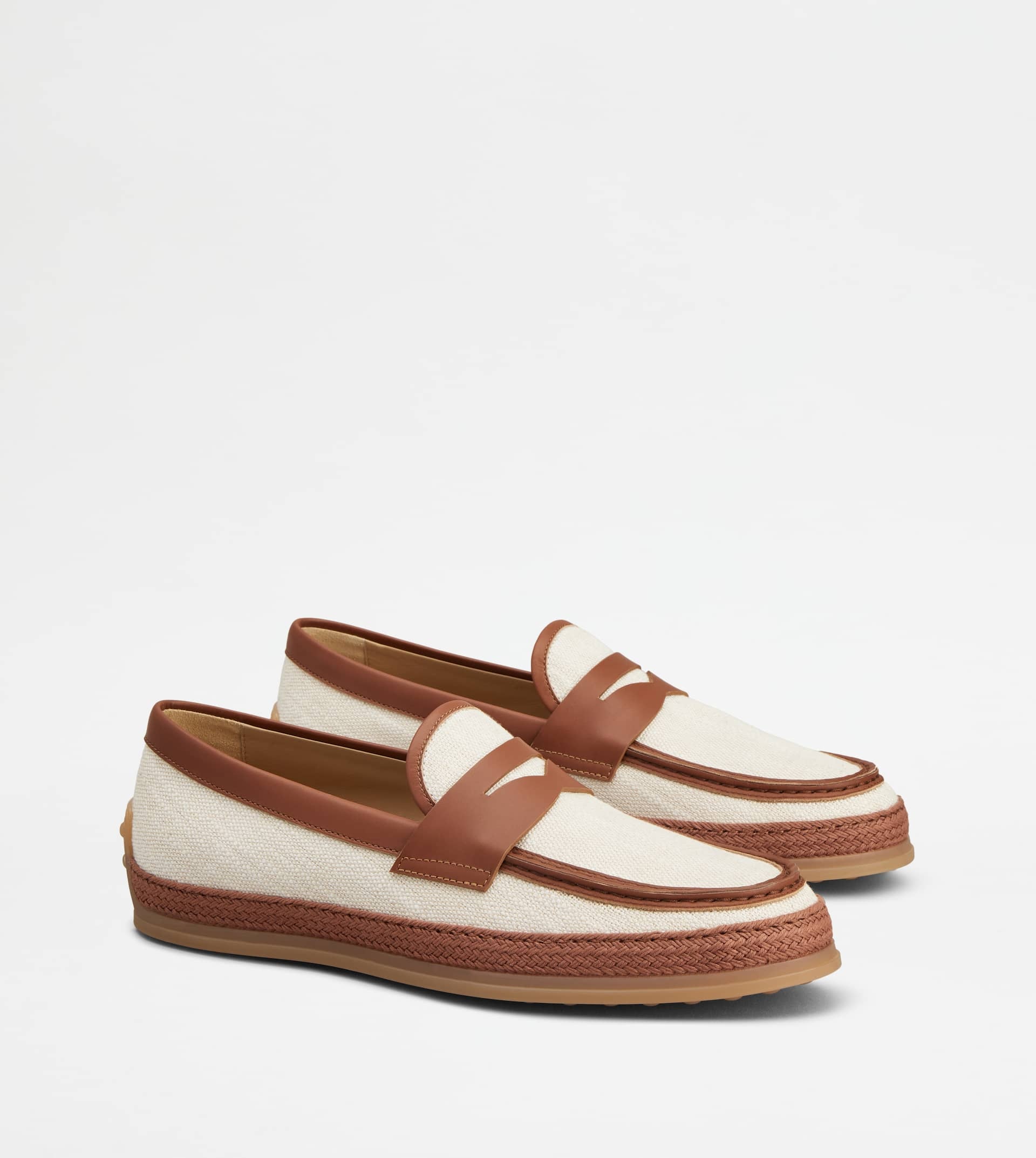 LOAFERS IN CANVAS AND LEATHER - OFF WHITE, BROWN - 3