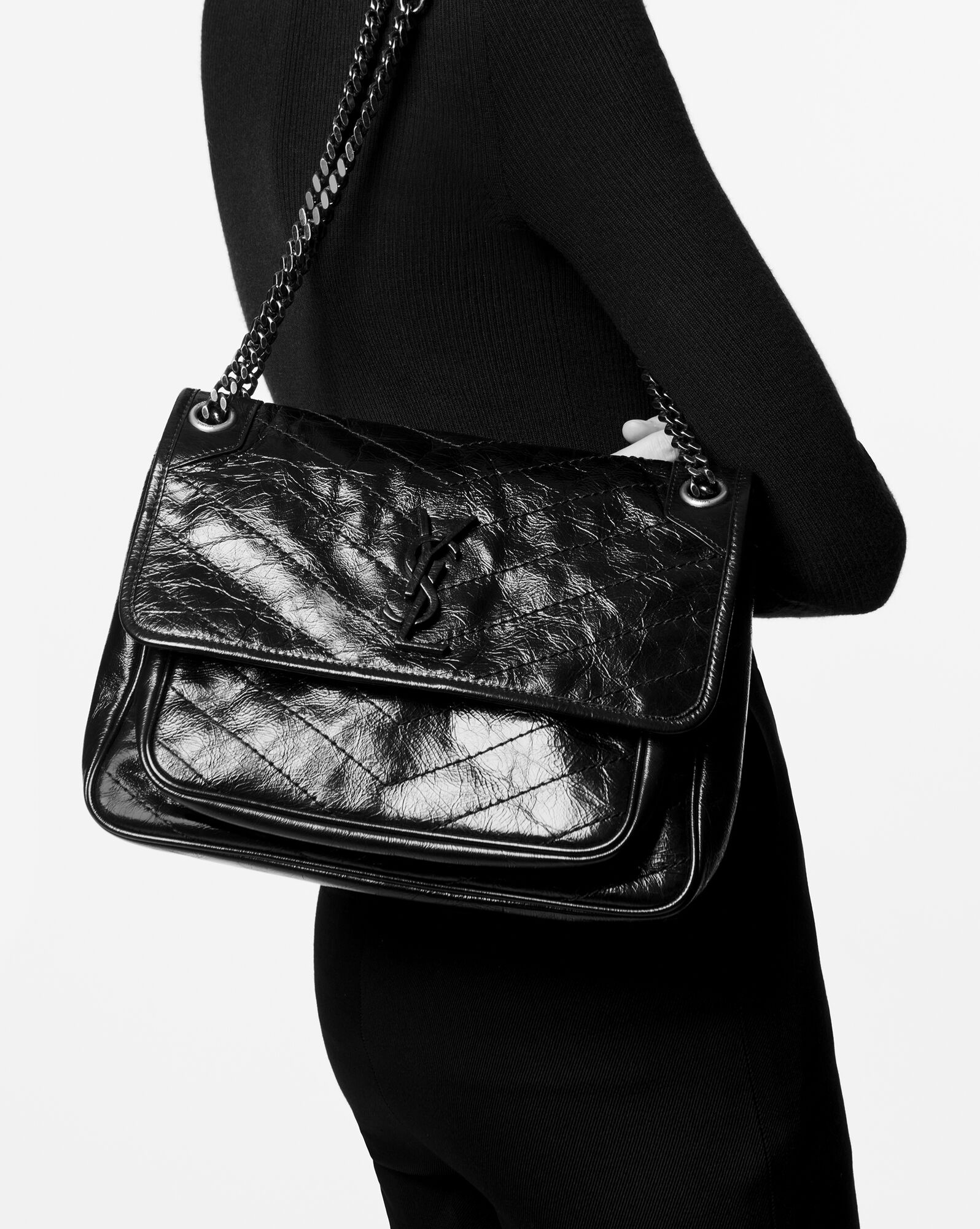 SAINT LAURENT niki medium chain bag in crinkled lambskin REVERSIBLE